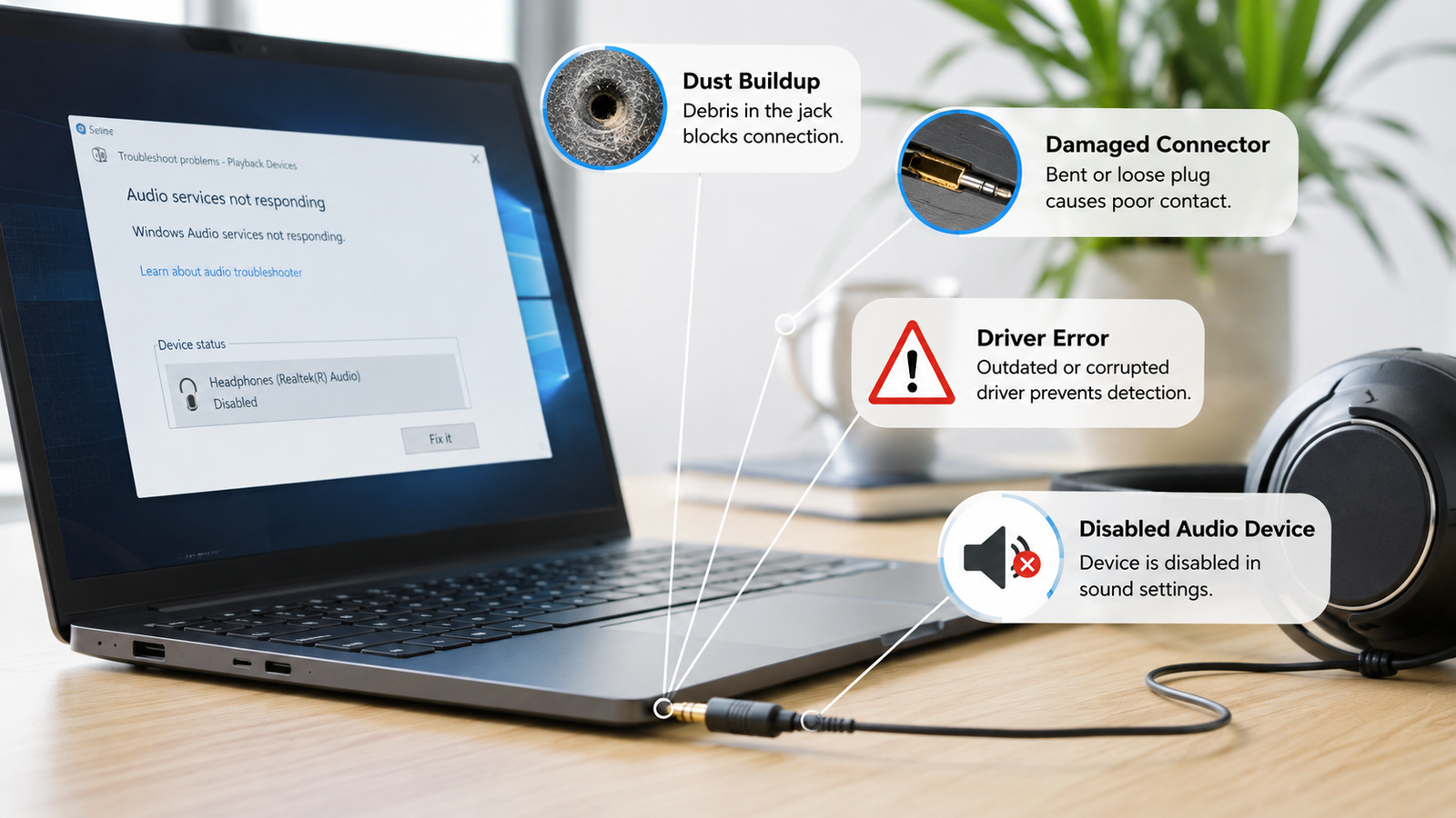 Common causes behind a headphone jack not working laptop problem displayed visually.