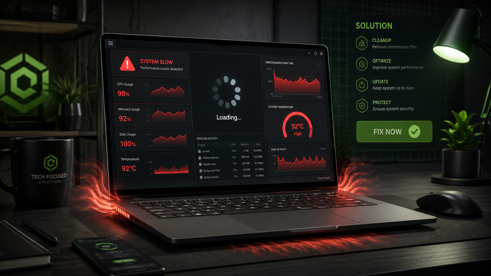 Laptop lagging fix showing a slow Windows laptop with performance warning icons and cooling graphics.