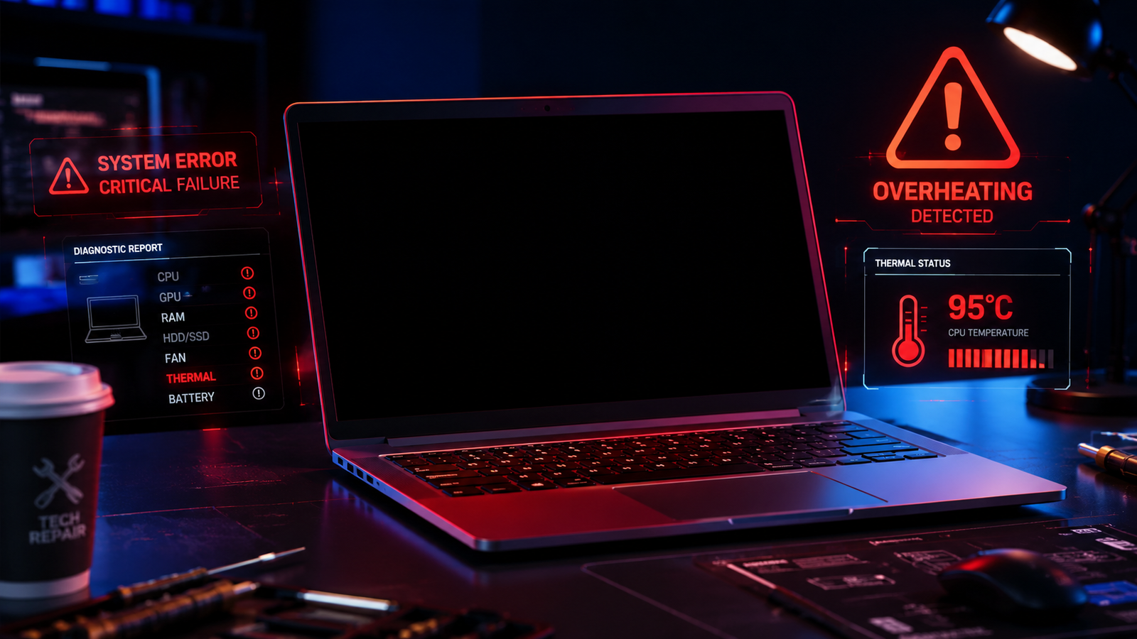 Laptop screen goes black randomly while warning icons and overheating alerts appear on the display.