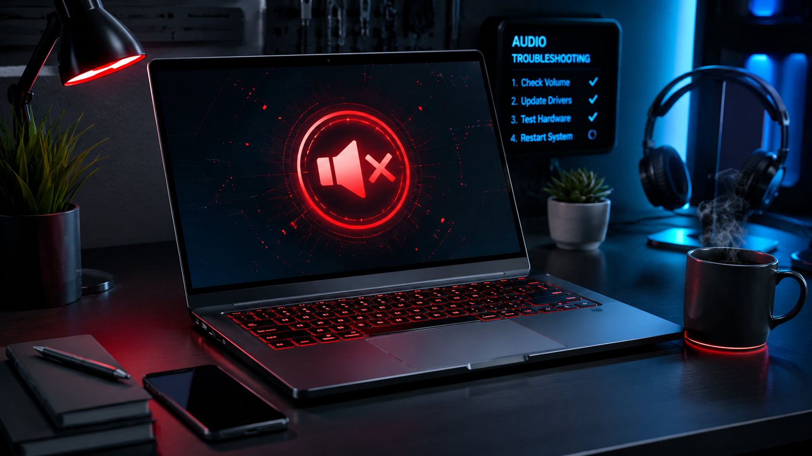 Laptop speakers not working with muted sound icon displayed on a modern Windows laptop screen.