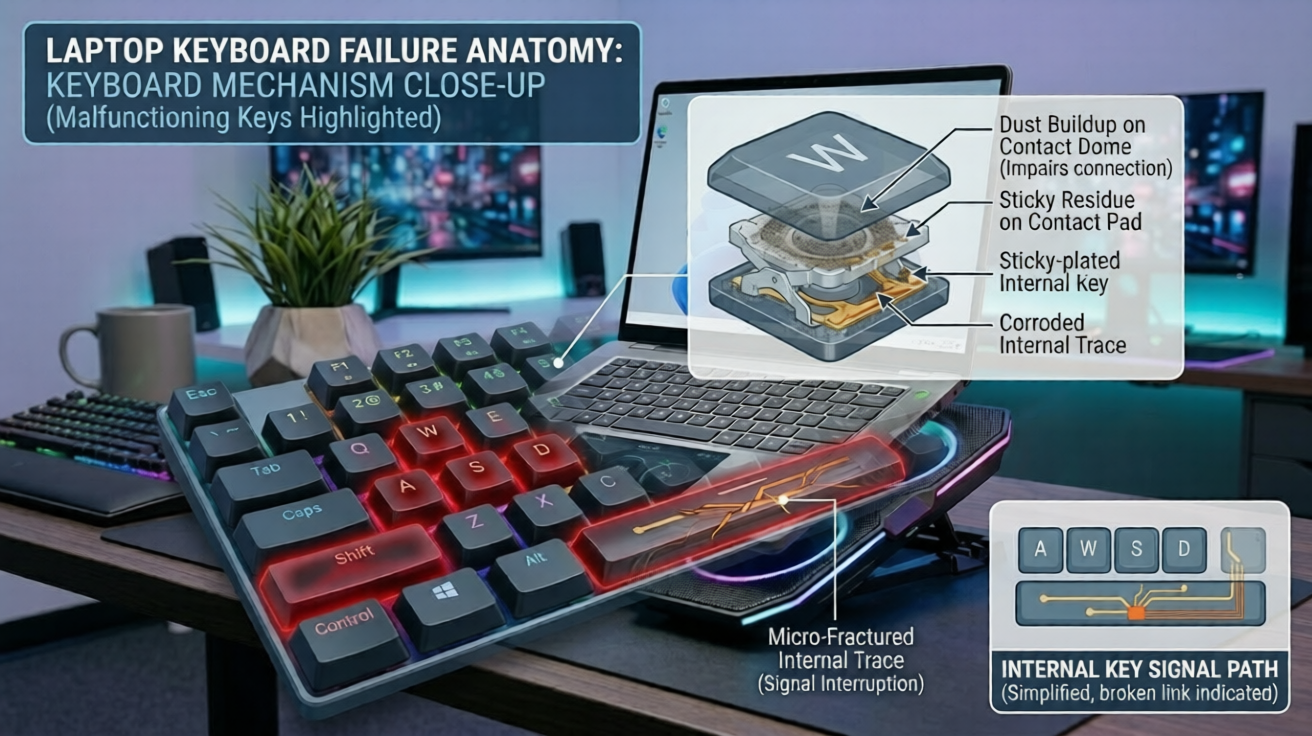 Keys not responding laptop issue caused by dust and hardware faults.
