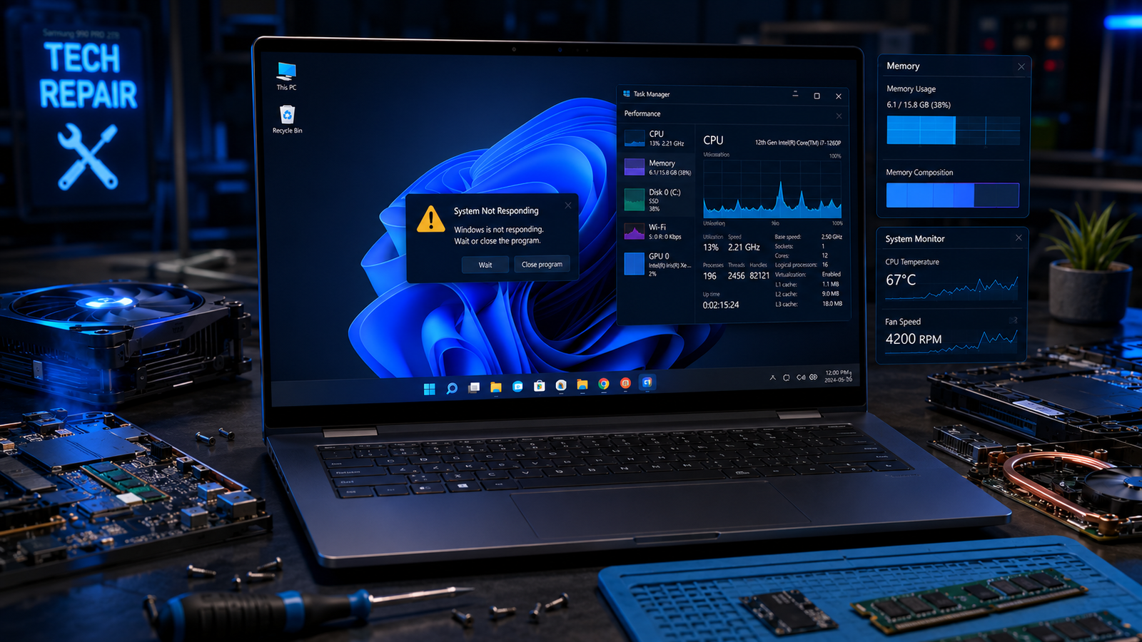 Laptop freezing Windows 11 problem shown on a modern laptop with diagnostic overlays and repair tools.