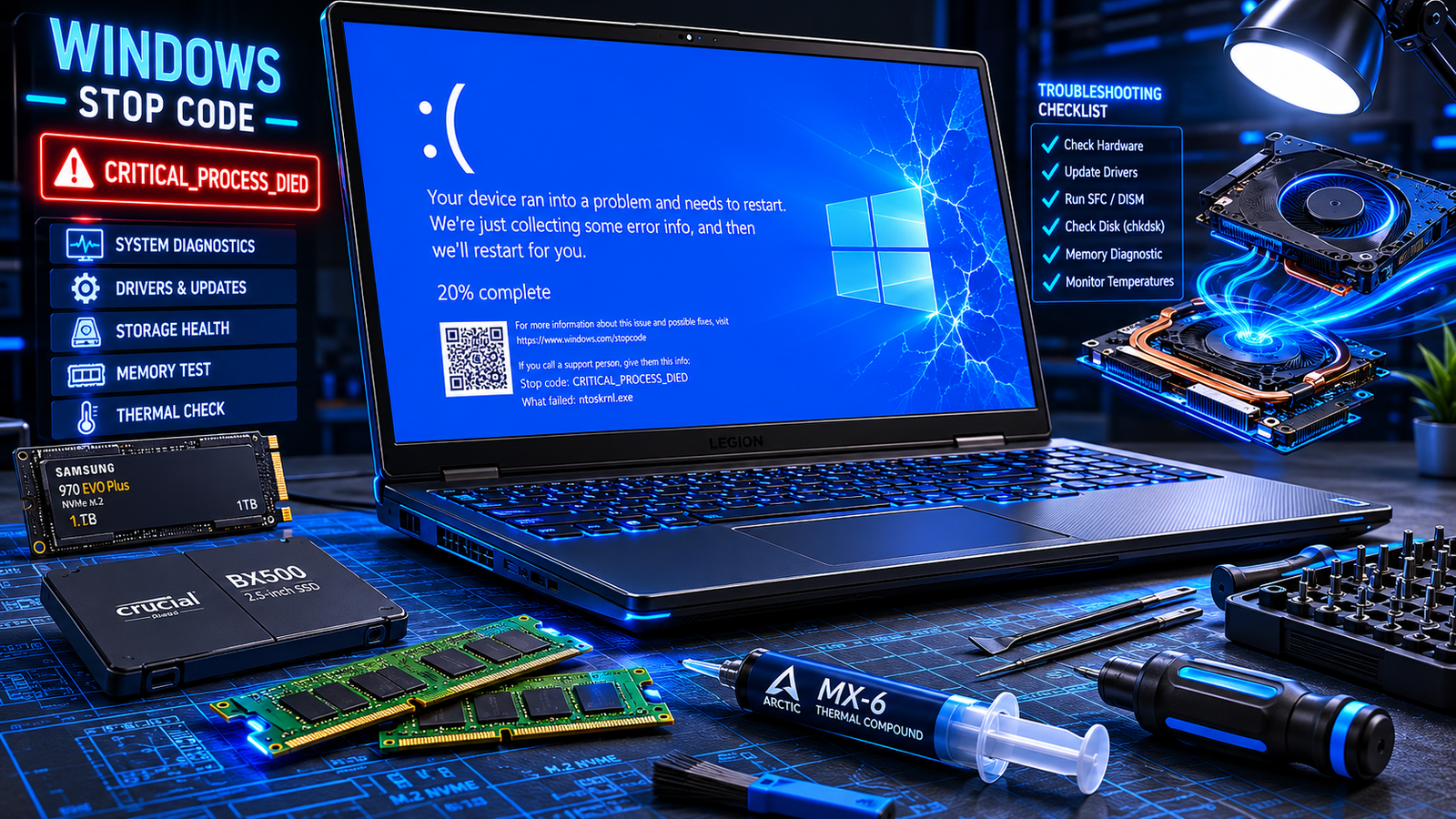 Blue screen error laptop with repair tools, SSD, RAM, and glowing Windows BSOD display on a dark desk.