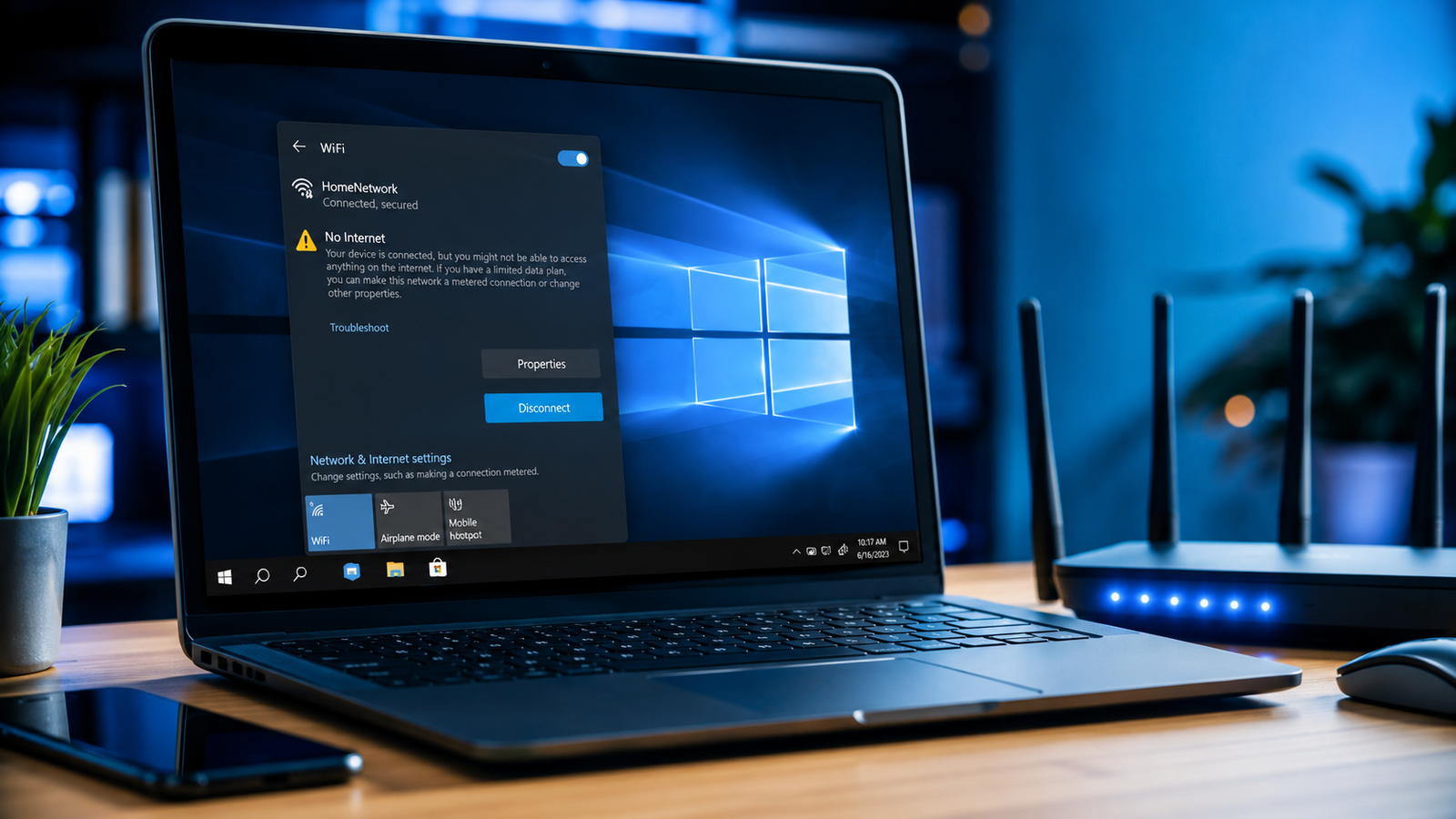Laptop WiFi connected but no internet issue shown beside a wireless router on a desk