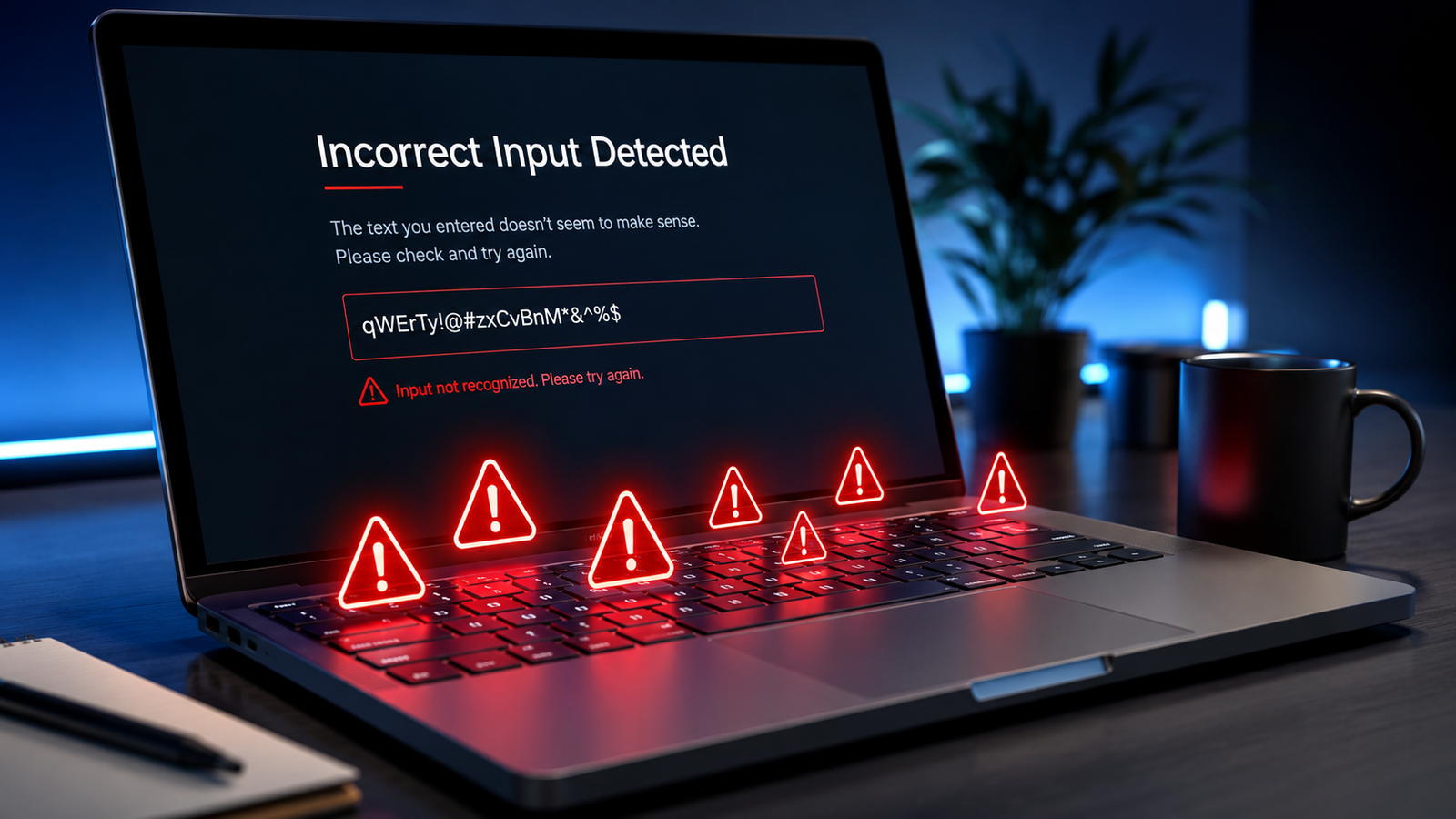 Laptop keyboard typing wrong letters with random symbols shown on a glowing laptop screen.