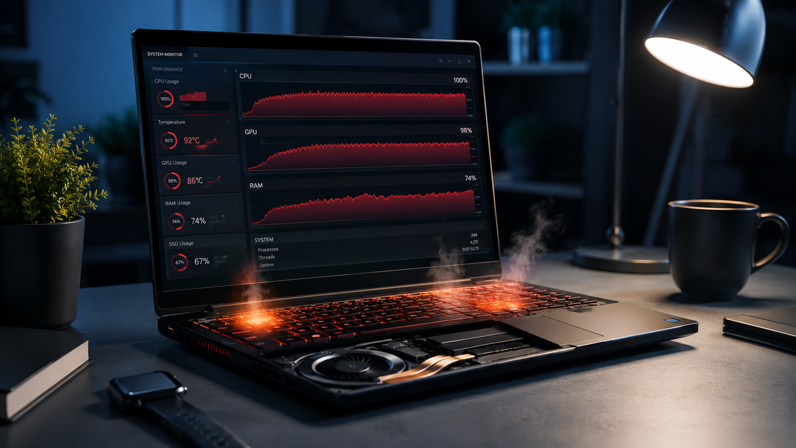 Laptop overheating and slow performance shown with heat glow and cooling fan on a desk setup.