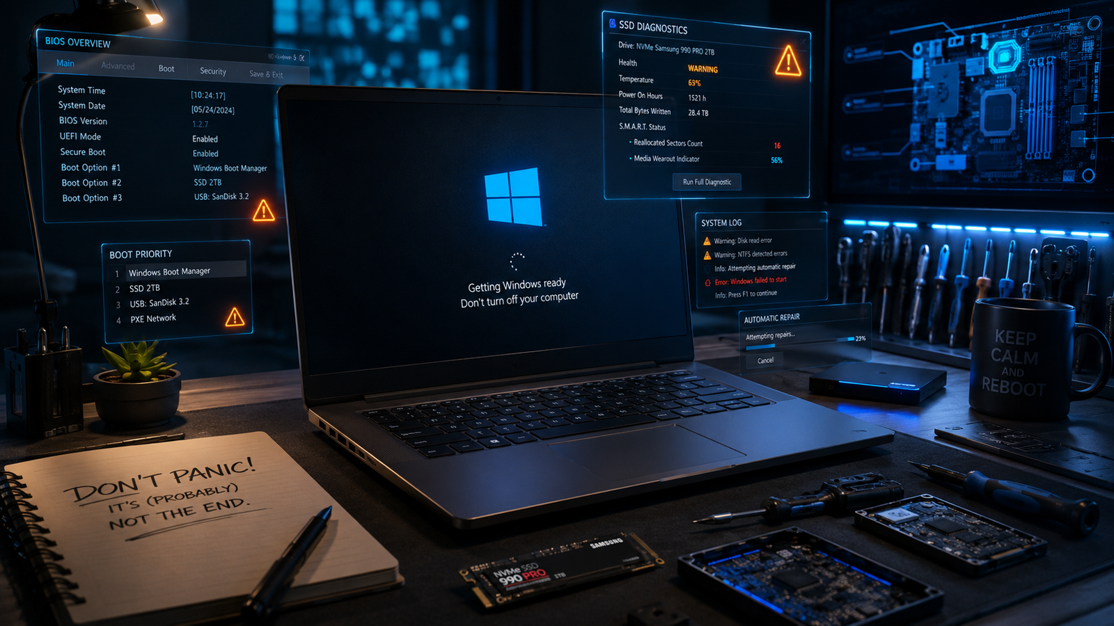 Laptop won’t boot Windows showing frozen startup screen with repair tools and BIOS graphics.