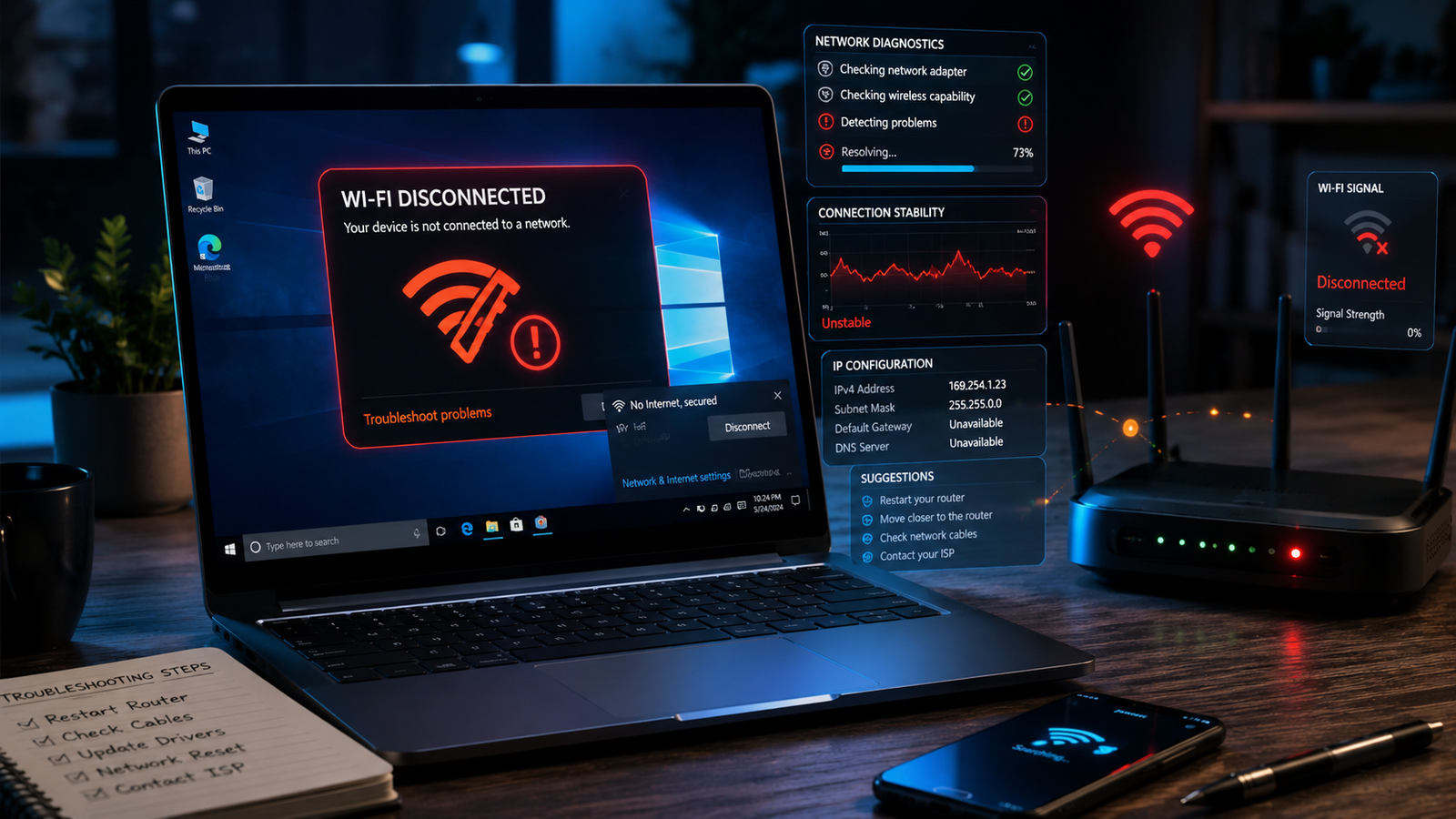 Laptop keeps disconnecting WiFi with warning icons and unstable network graphics on a Windows laptop.