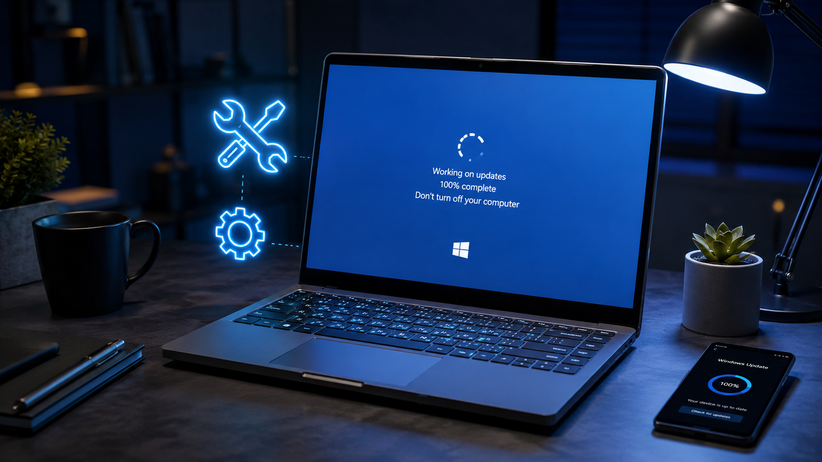 Windows update stuck on a laptop screen with repair tools and warning icons visible.