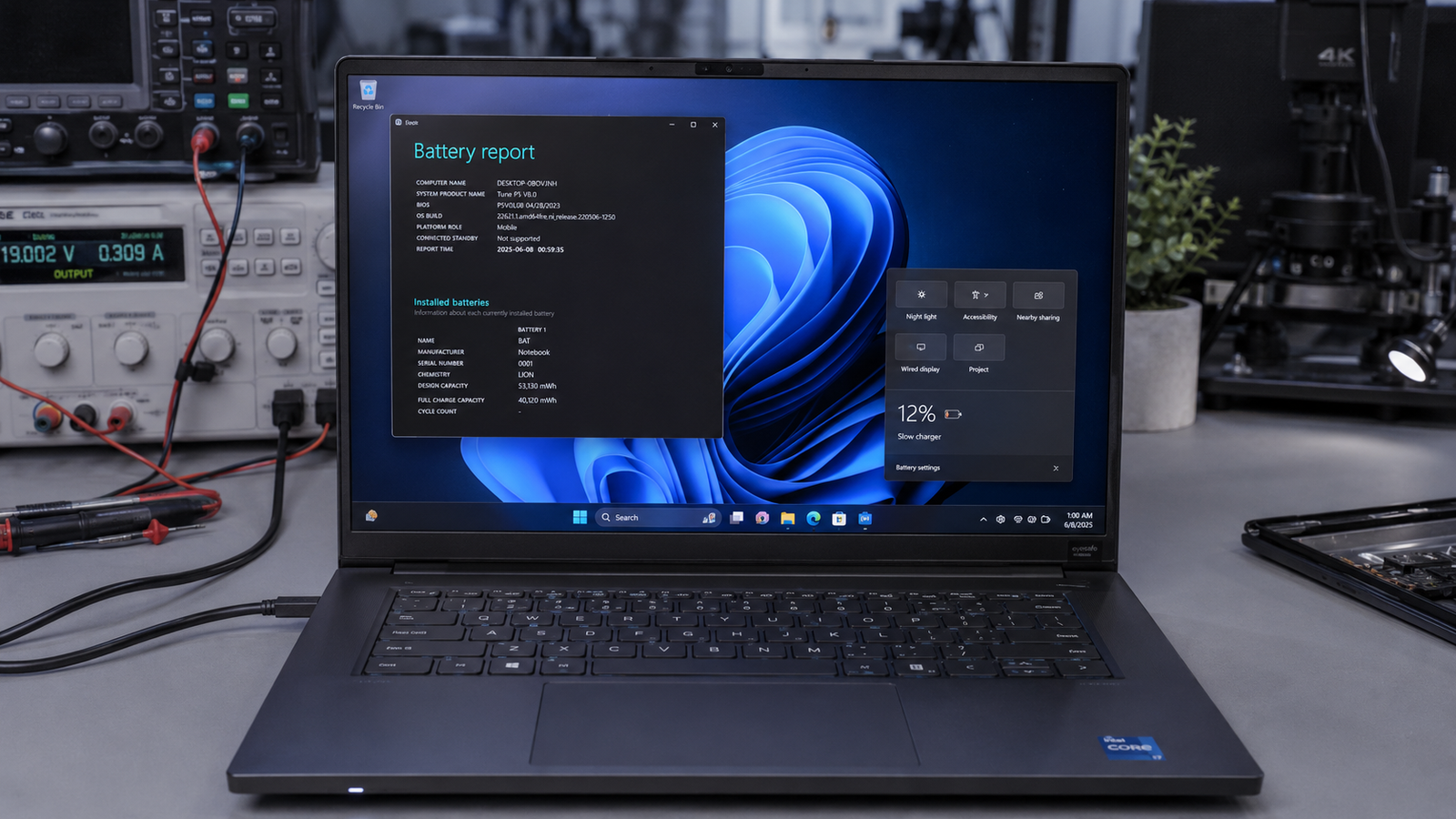 Laptop charging slowly with battery diagnostics displayed on screen