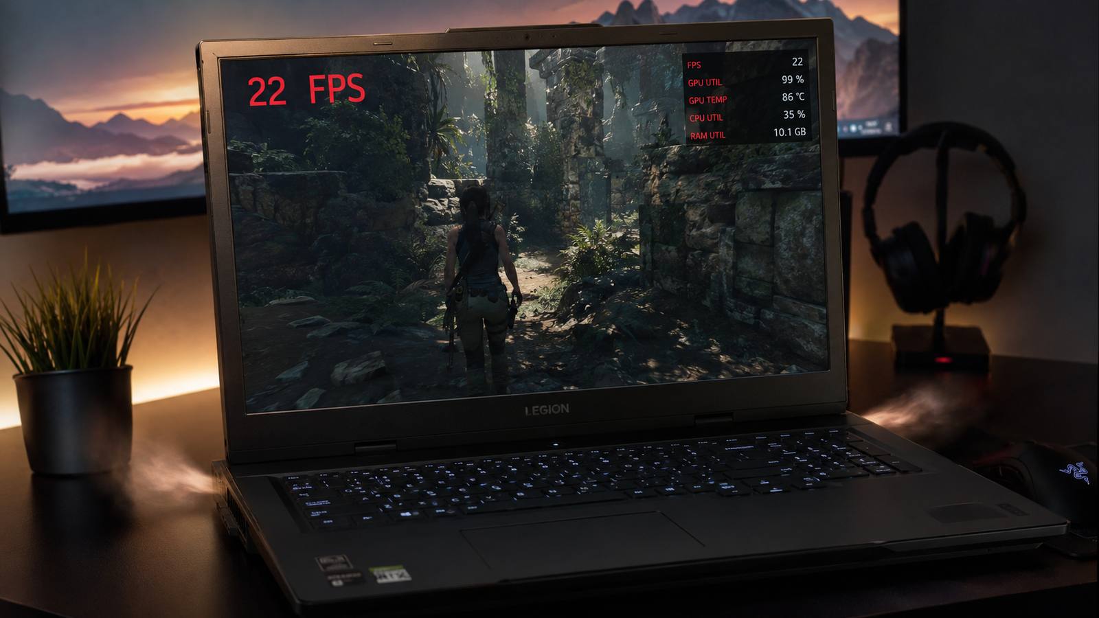 Gaming laptop showing low FPS drop during gameplay with visible frame rate counter
