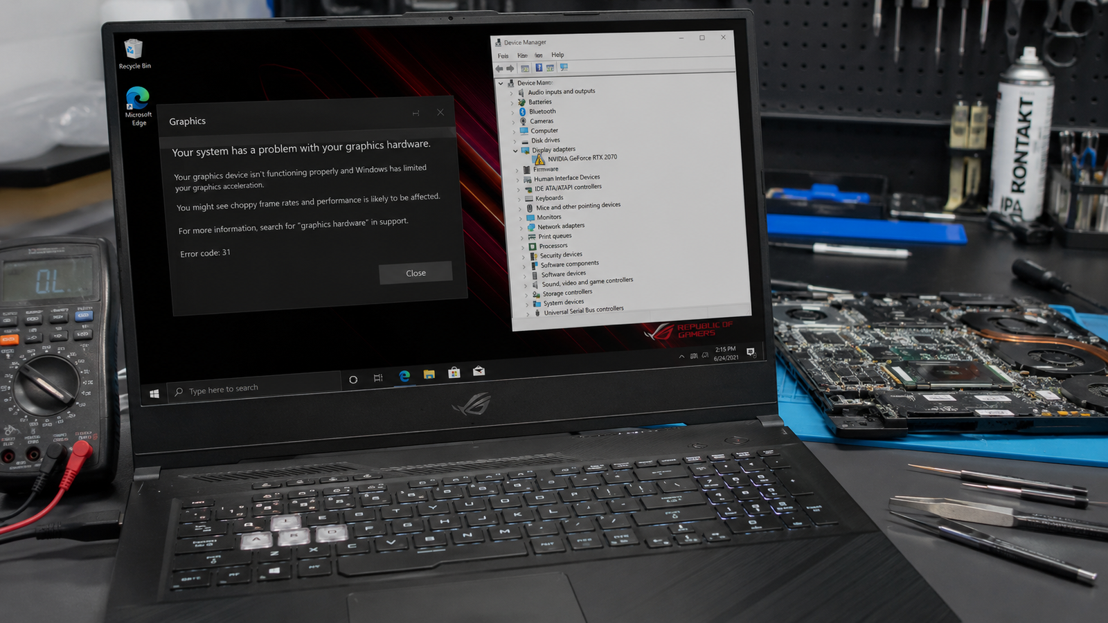 Laptop graphics card not working with GPU error displayed on screen.