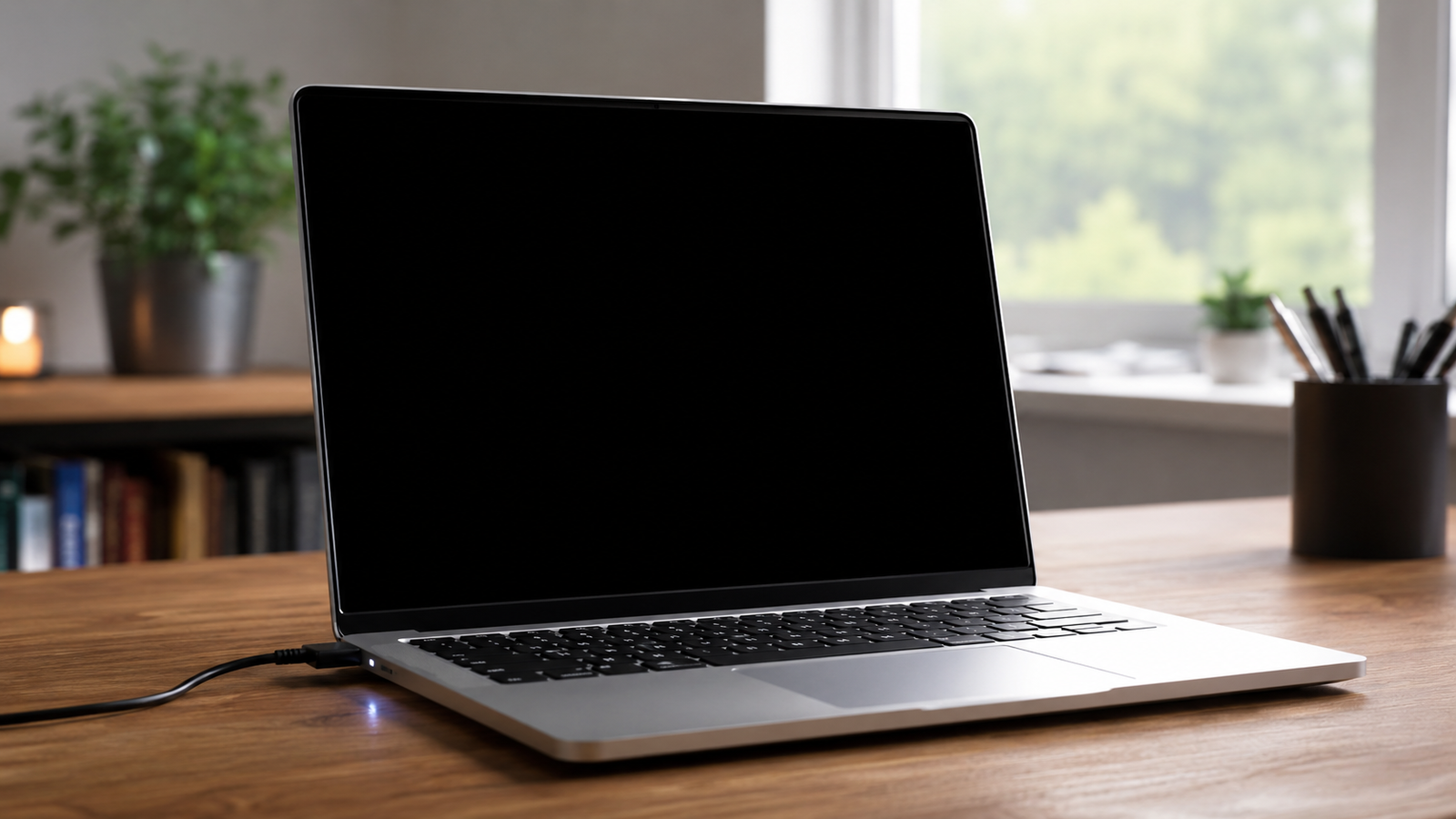 Laptop with a dark screen and a glowing charging light while plugged in