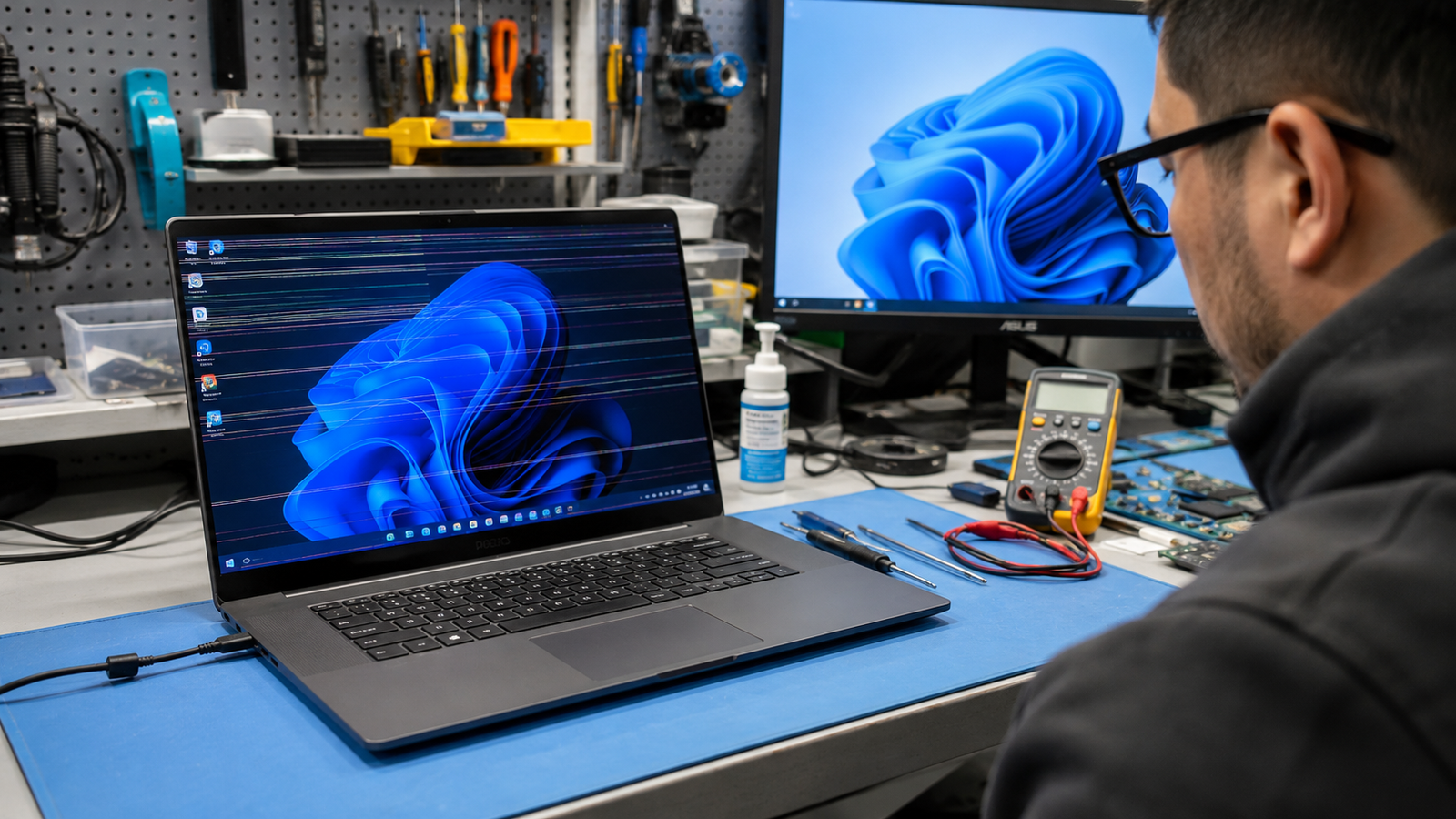 Laptop screen flickering during professional diagnostics.