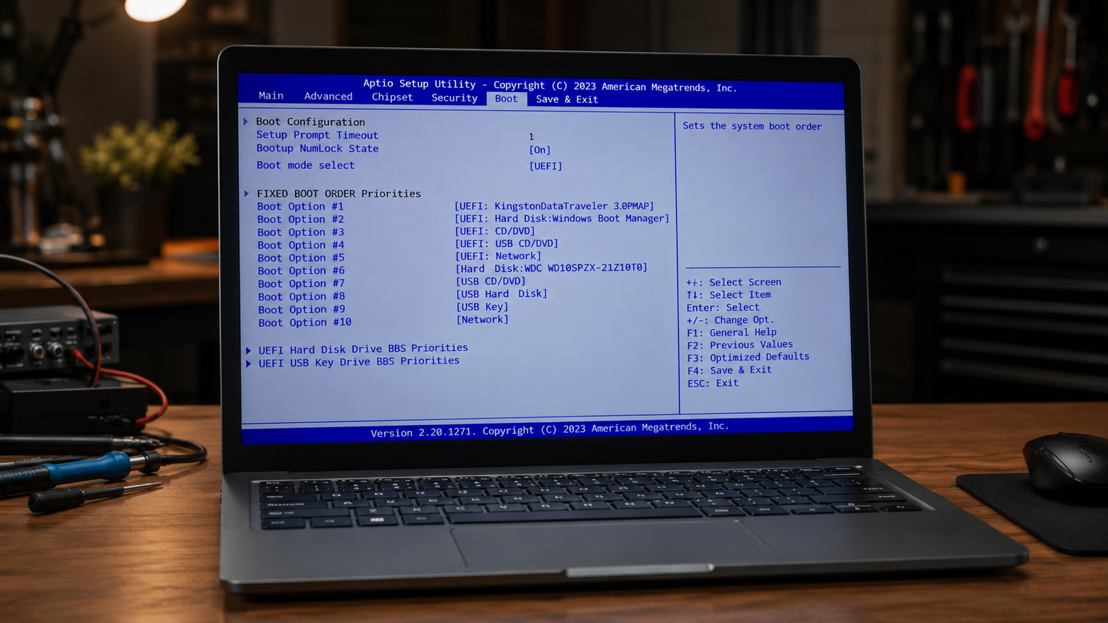 Laptop screen displaying BIOS setup utility with boot order settings visible