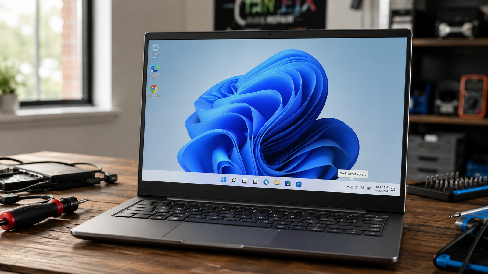 Laptop showing WiFi disconnected icon on Windows 11 desktop