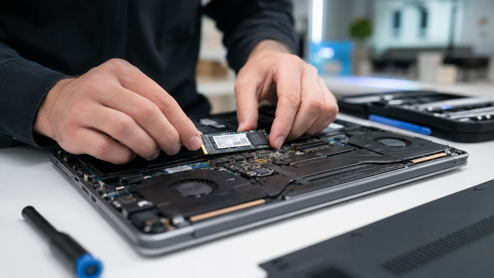 Technician installing an M.2 SSD into a laptop motherboard