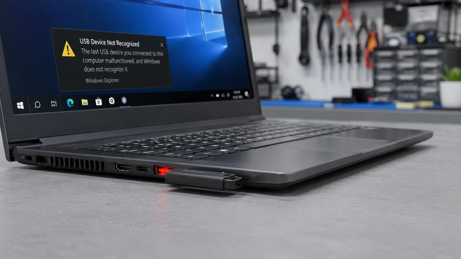Laptop USB port not working with USB device not recognized error on Windows screen Filename