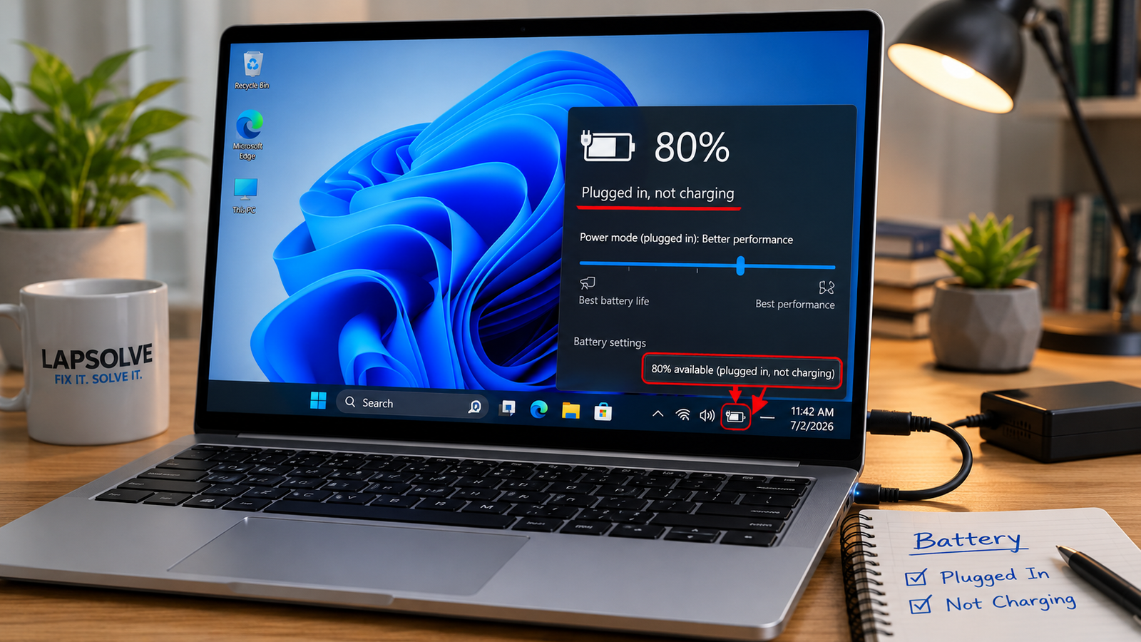 Laptop plugged into charger with battery showing 80% and not charging to 100% on Windows 11 screen