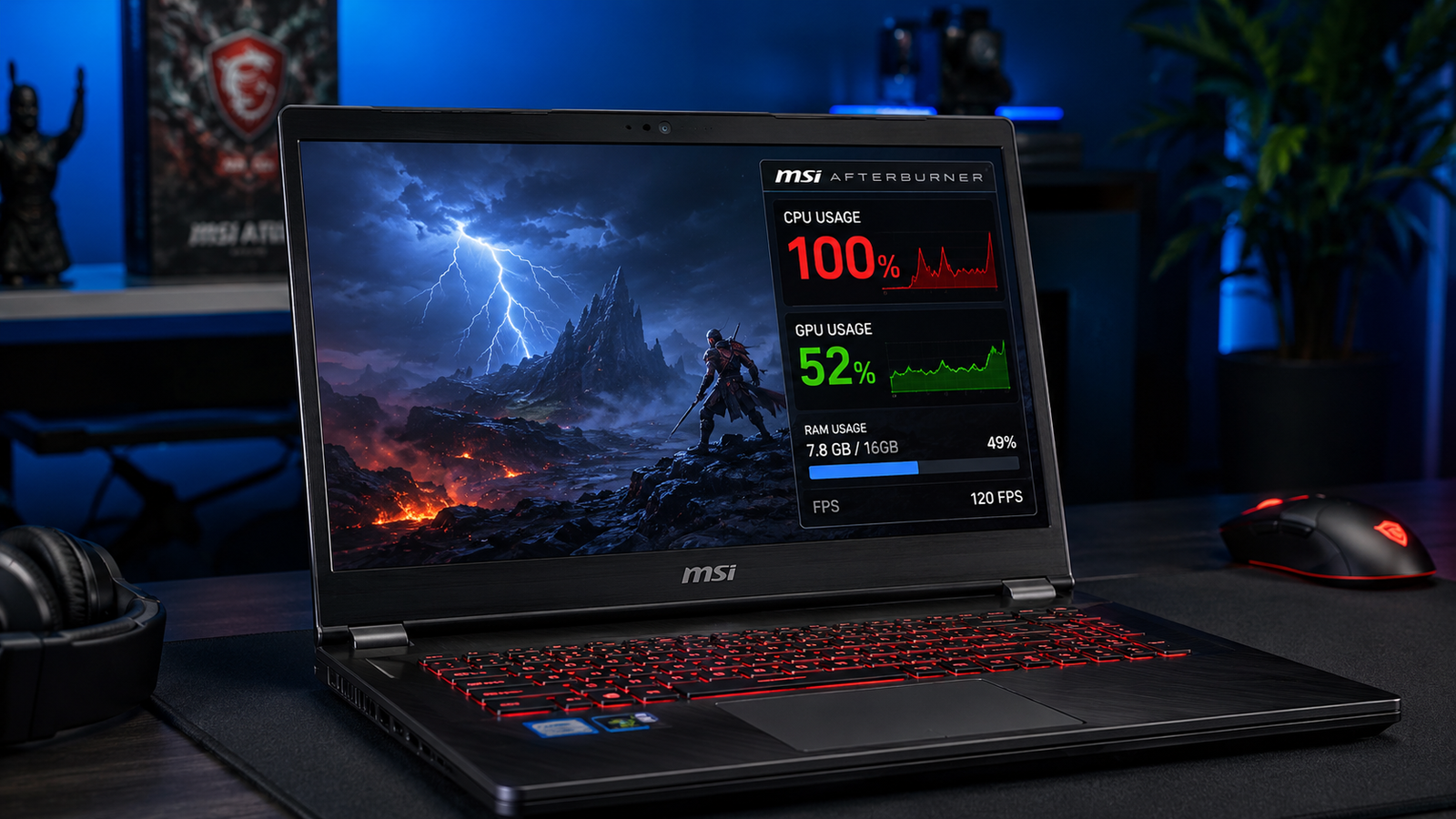 Gaming laptop showing CPU bottleneck in MSI Afterburner overlay with CPU at 100% and GPU underutilized