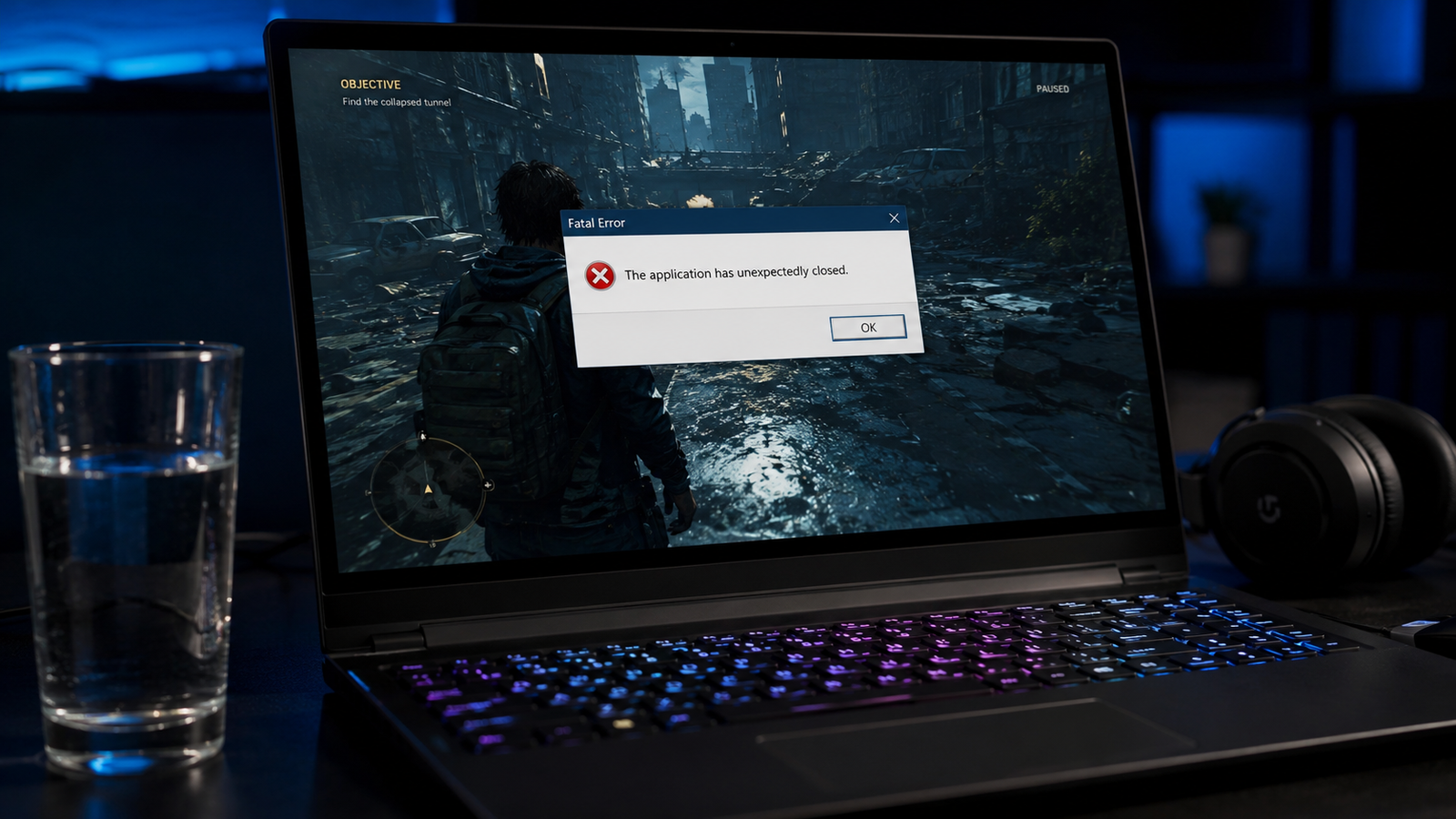Gaming laptop showing a game crash on startup error message on Windows