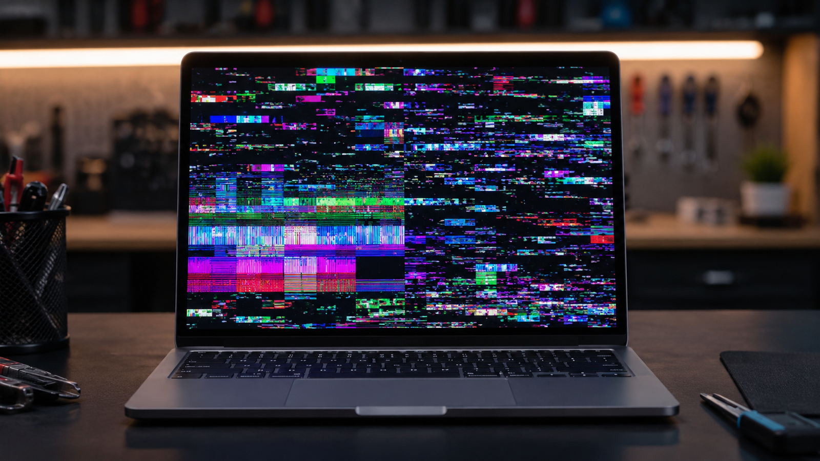 Laptop screen showing display artifacts including colored pixel distortions and screen corruption