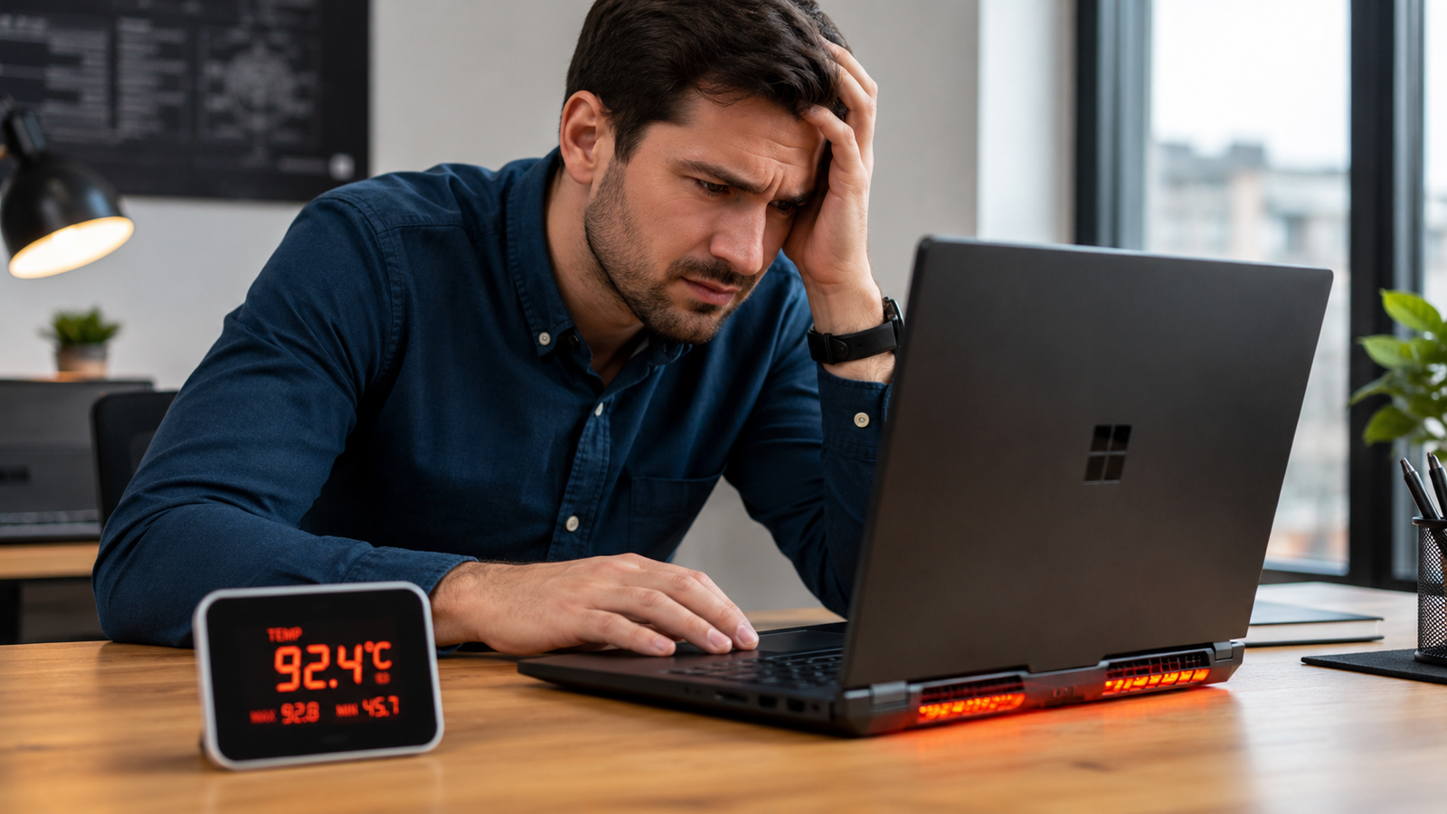 Laptop fan always running troubleshooting guide showing overheating laptop on desk