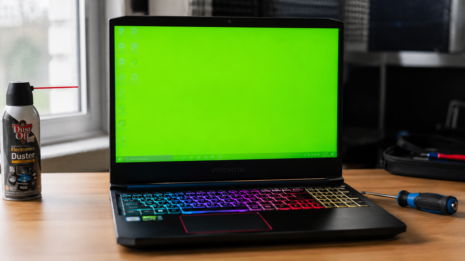Laptop screen showing a green tint or full green screen display issue on a wooden desk