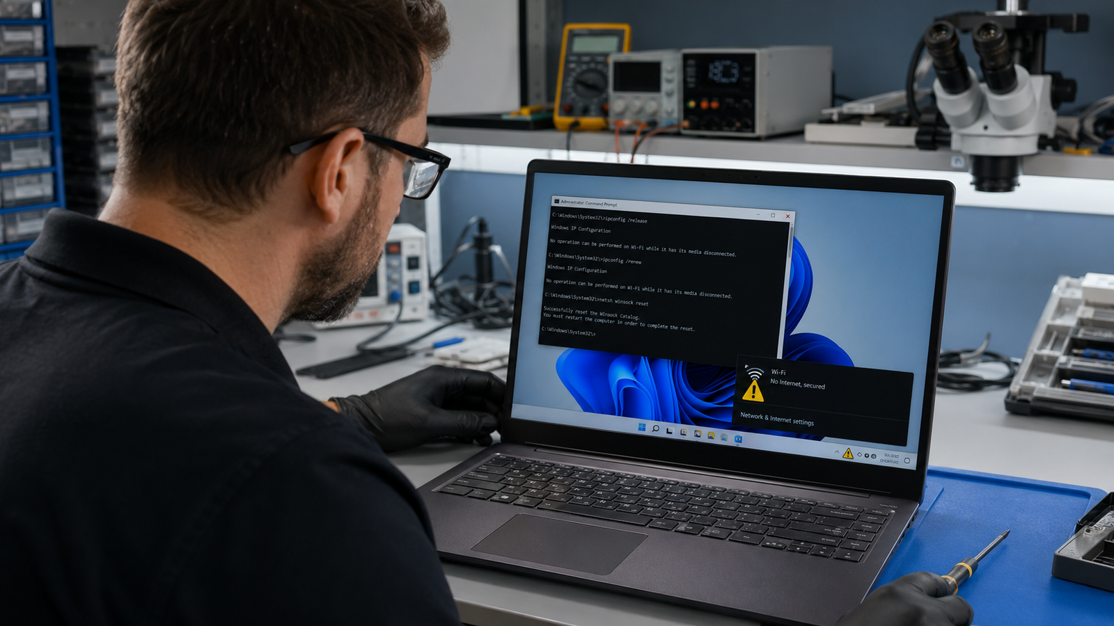 Laptop technician diagnosing limited connectivity error on a Windows laptop