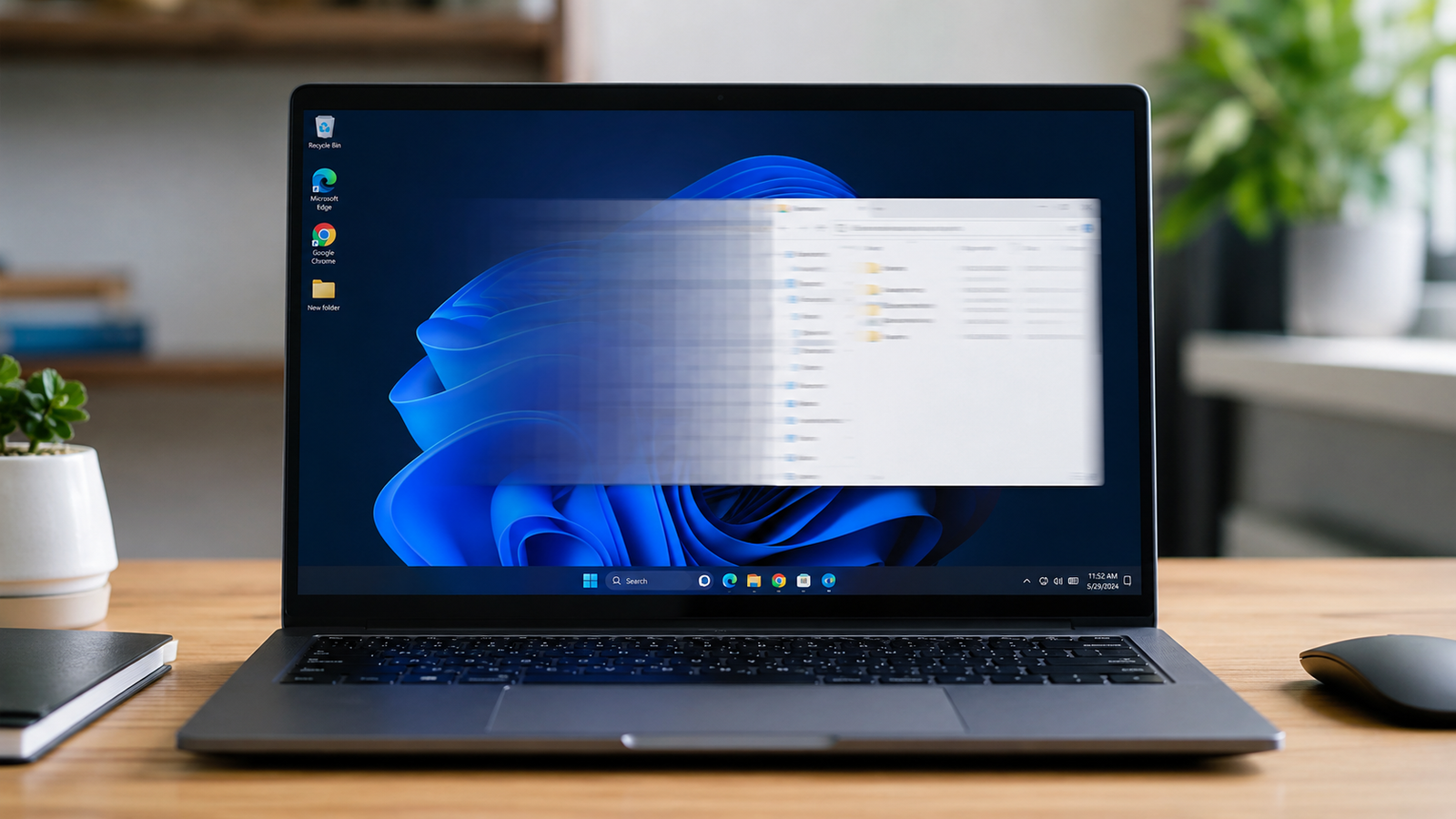 Laptop screen showing motion ghosting with blurry trails behind a moving window