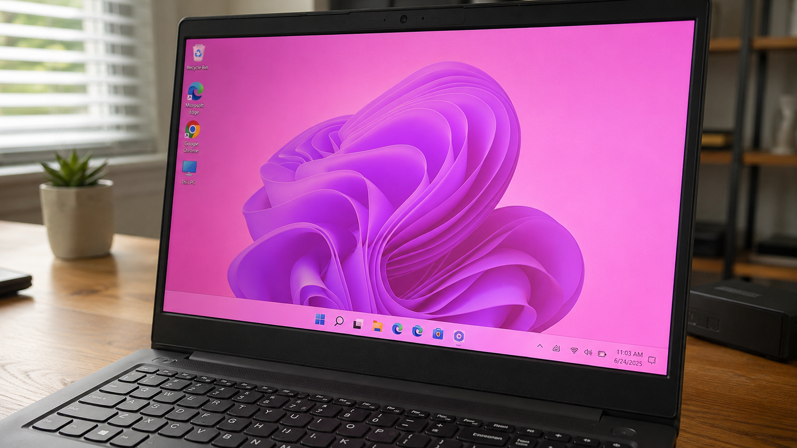 Laptop screen showing a pink tint across the display on a Windows 11 desktop
