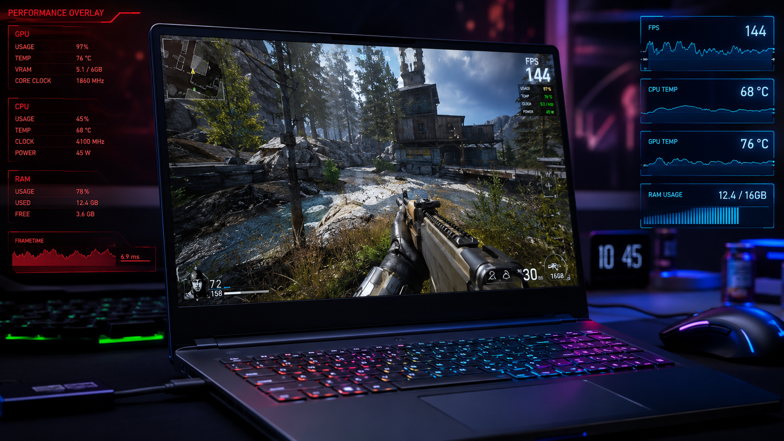Gaming laptop showing stutter and FPS counter during gameplay on a dark desk