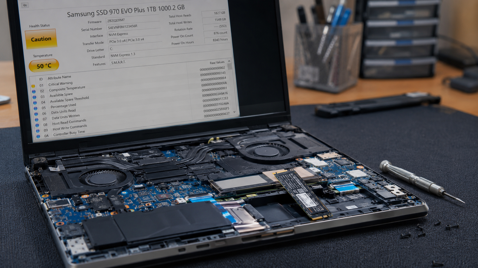 Technician removing a failing M.2 SSD from a laptop on a repair workbench with CrystalDiskInfo showing a warning on screen