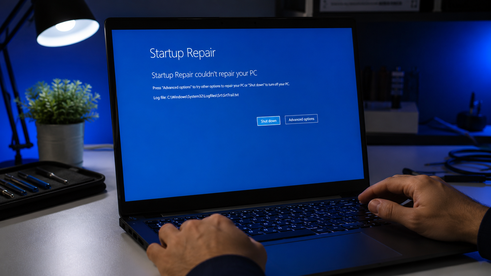 Laptop screen showing Startup Repair couldn't repair your PC error message