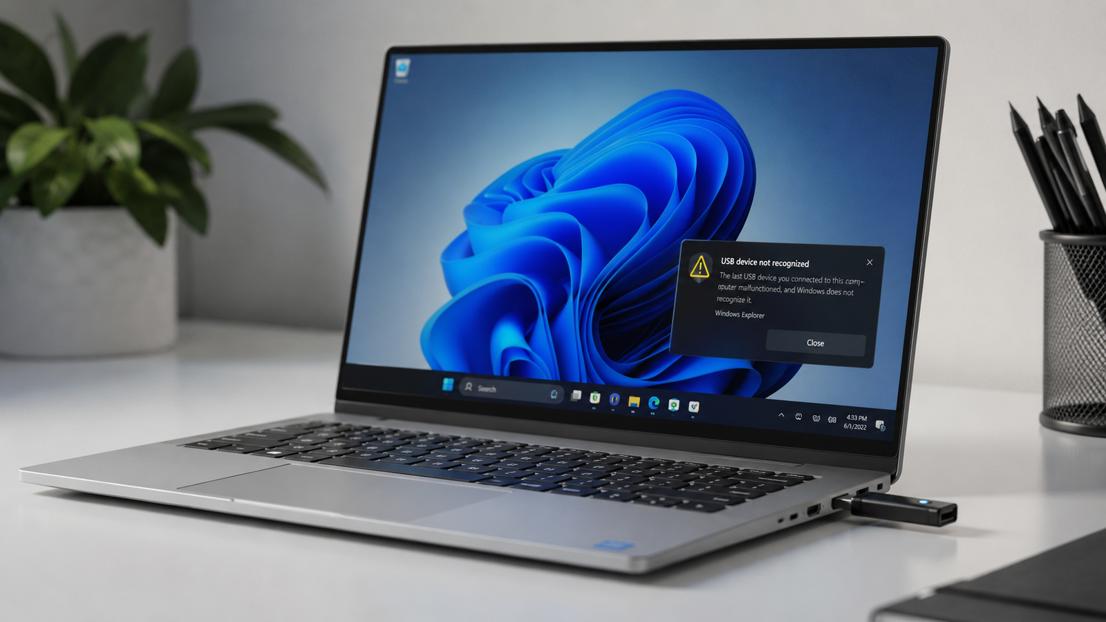 Laptop displaying USB device not recognized error on Windows 11 screen