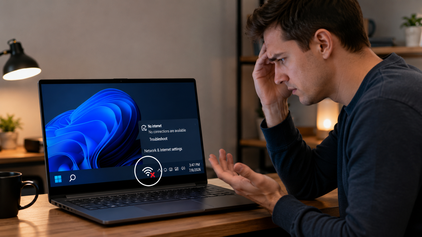 Laptop showing missing WiFi option on Windows 11 taskbar