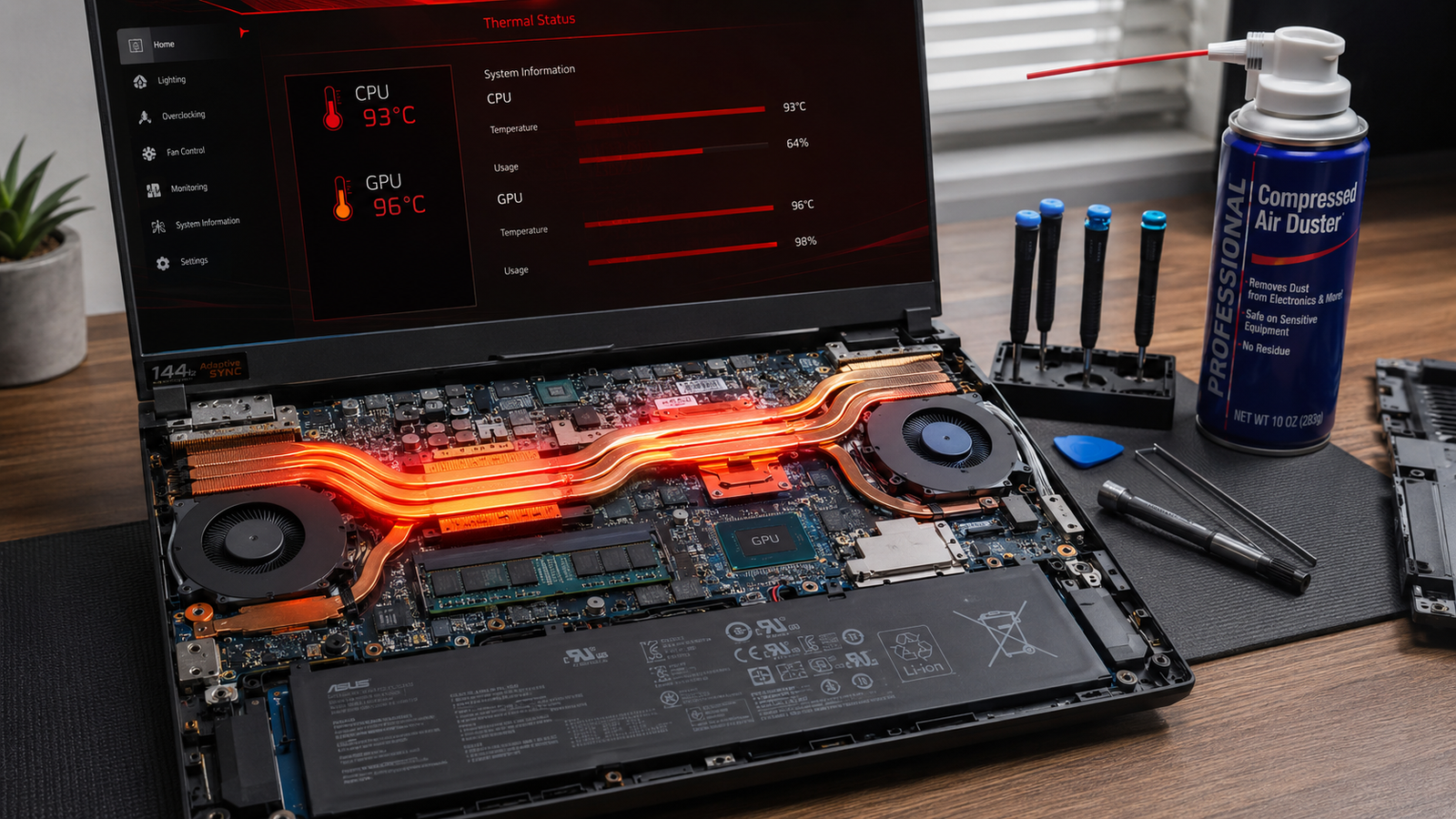Gaming laptop with back panel removed showing overheating GPU heatpipe assembly