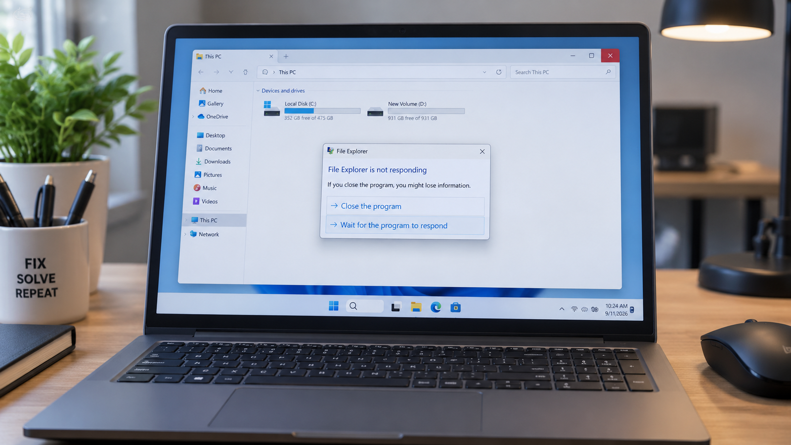 File Explorer keeps crashing Windows 11 on a laptop showing a system error.