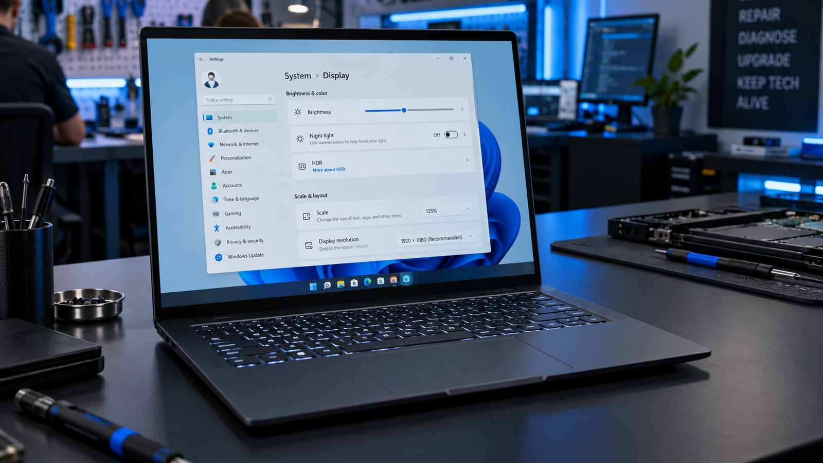 Laptop on a desk with Windows 11 Settings open showing brightness slider adjustment