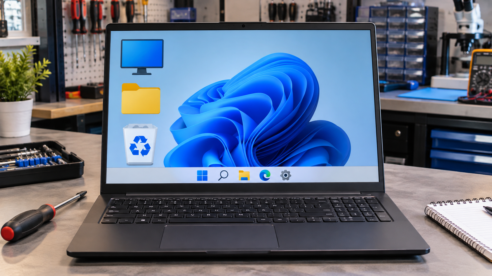 Laptop with screen stuck at low resolution showing oversized desktop icons on a repair workbench