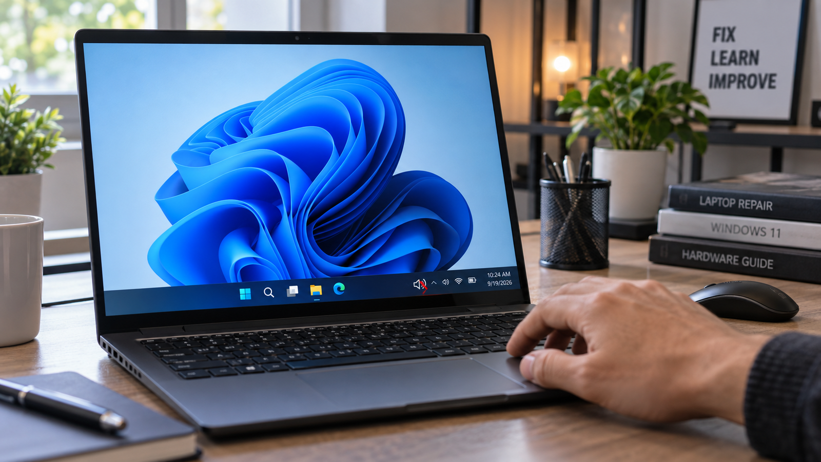 Laptop volume not working on Windows 11 shown by muted speaker icon on taskbar