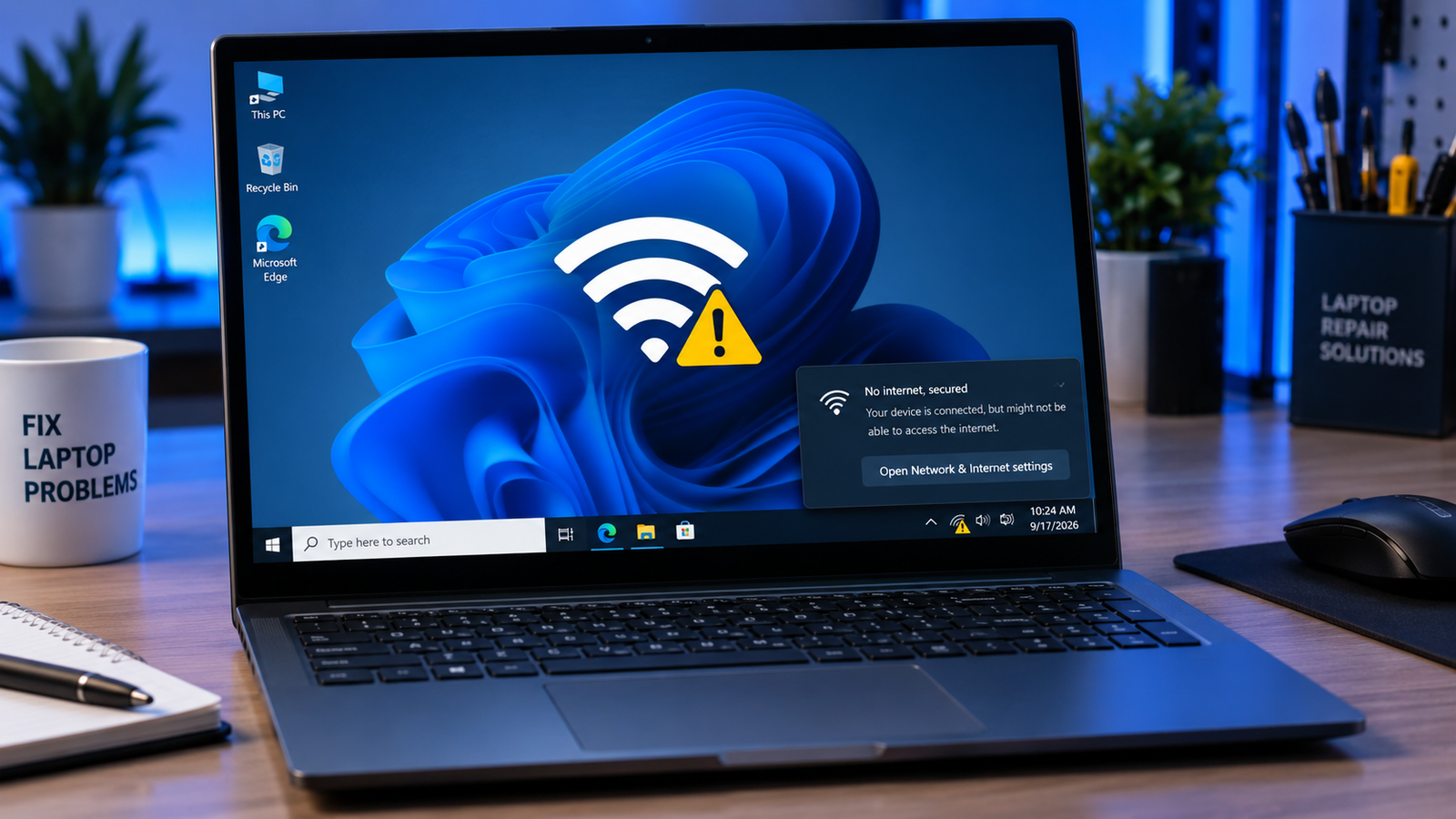 Laptop screen showing WiFi connected but no internet secured error in Windows system tray