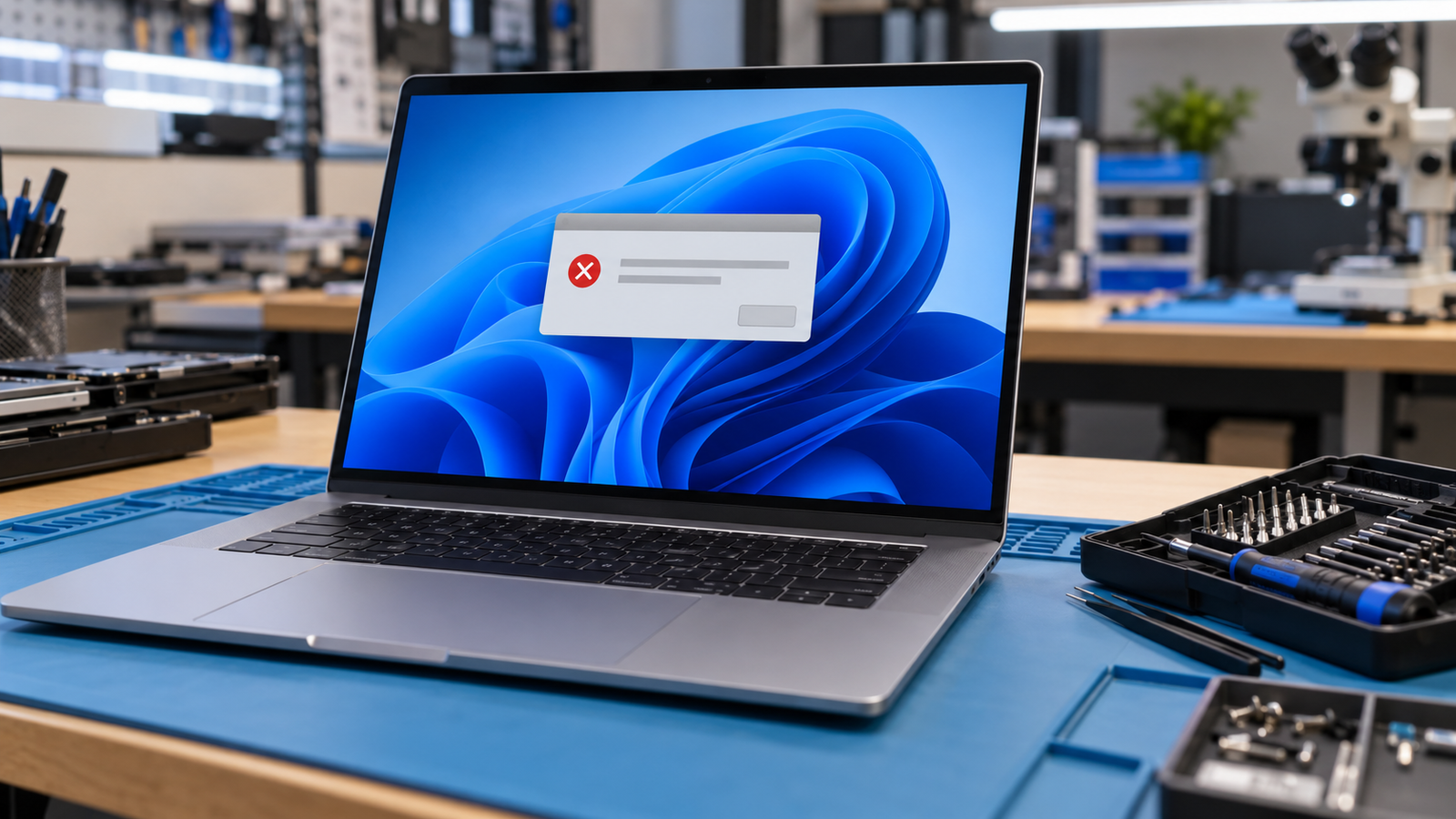 Laptop on a repair bench showing an app crash error on a Windows 11 screen
