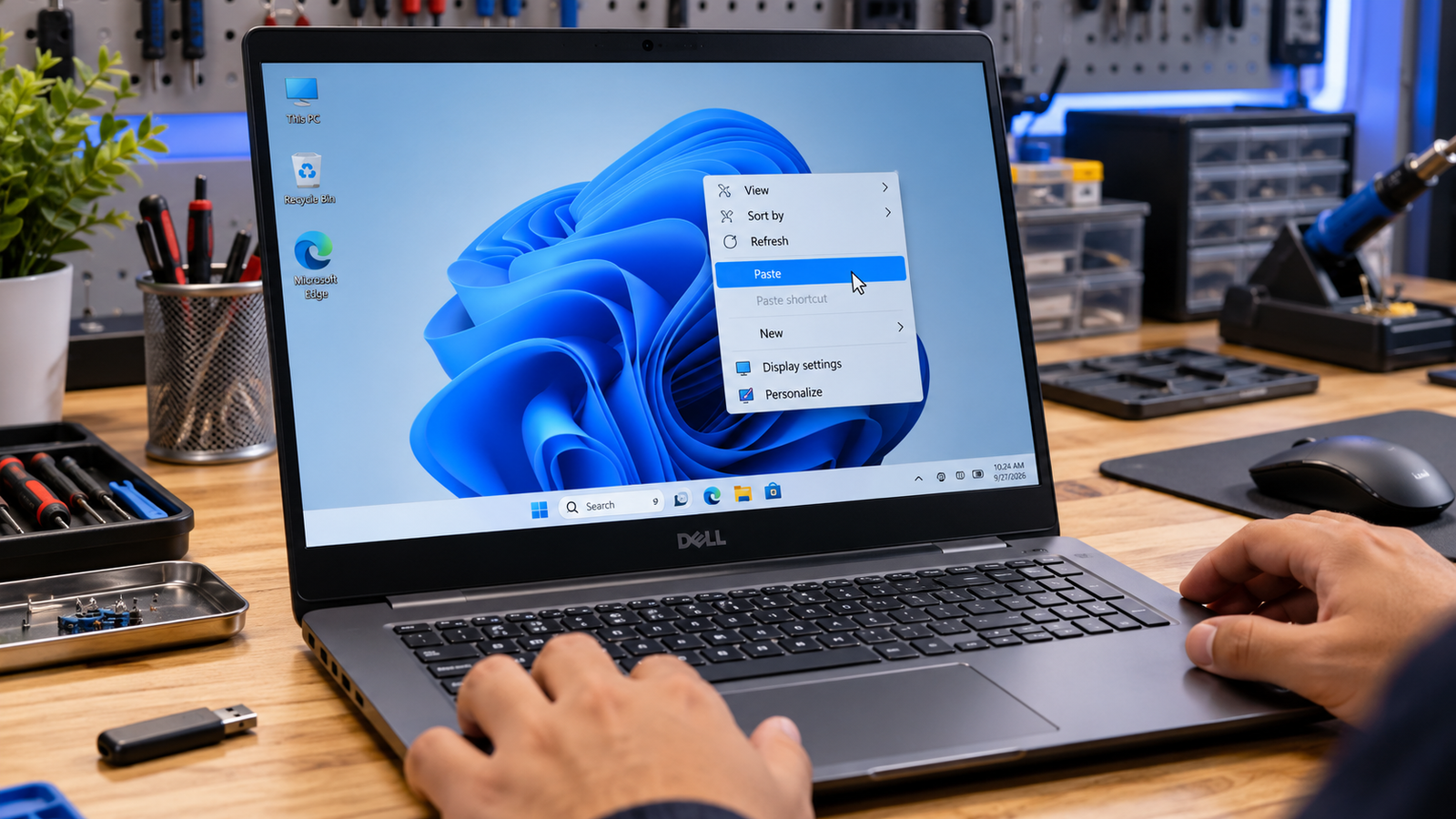 Windows 11 laptop with paste option highlighted in right-click context menu on a repair workbench