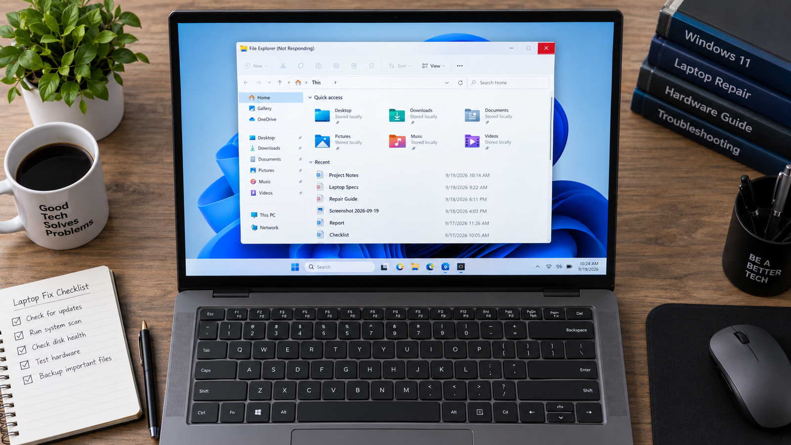 Windows 11 laptop with File Explorer showing Not Responding in the title bar