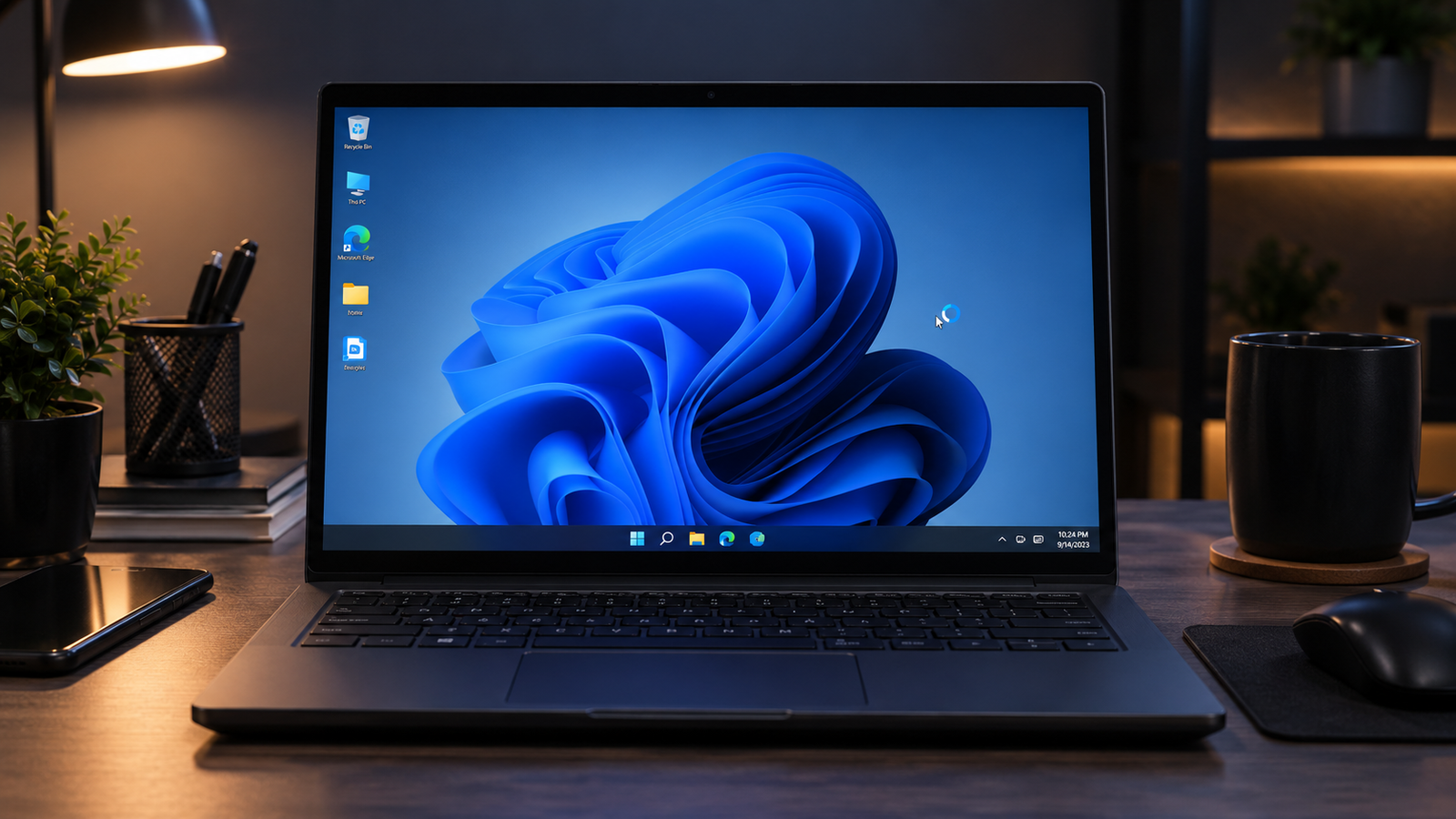 Windows 11 laptop screen frozen and unresponsive on a desk