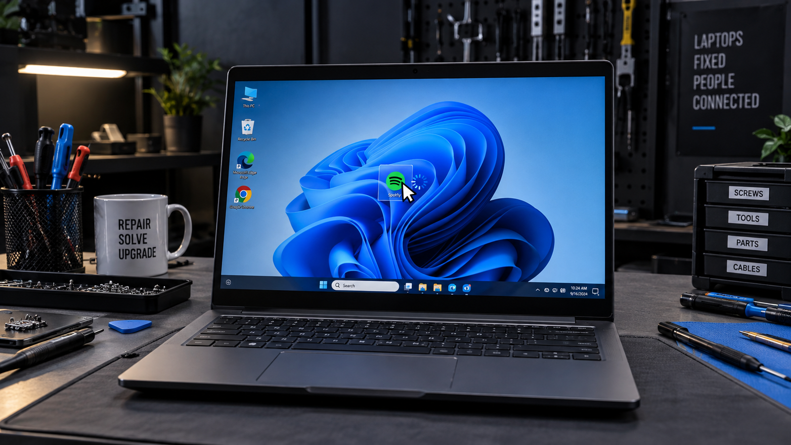 Laptop showing slow program loading on Windows 11 on a repair workbench