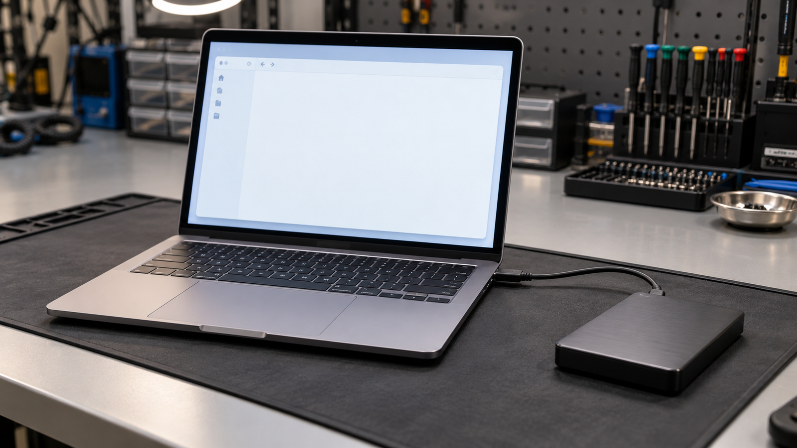 Laptop on a repair bench with an external hard drive plugged in but not appearing in the file manager