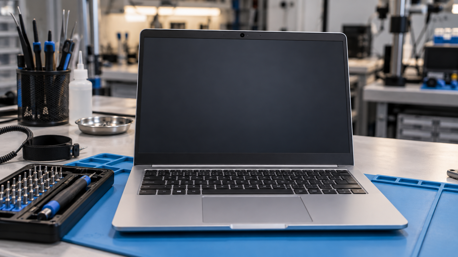 Laptop on a repair bench with a dark camera preview on screen and the webcam in focus