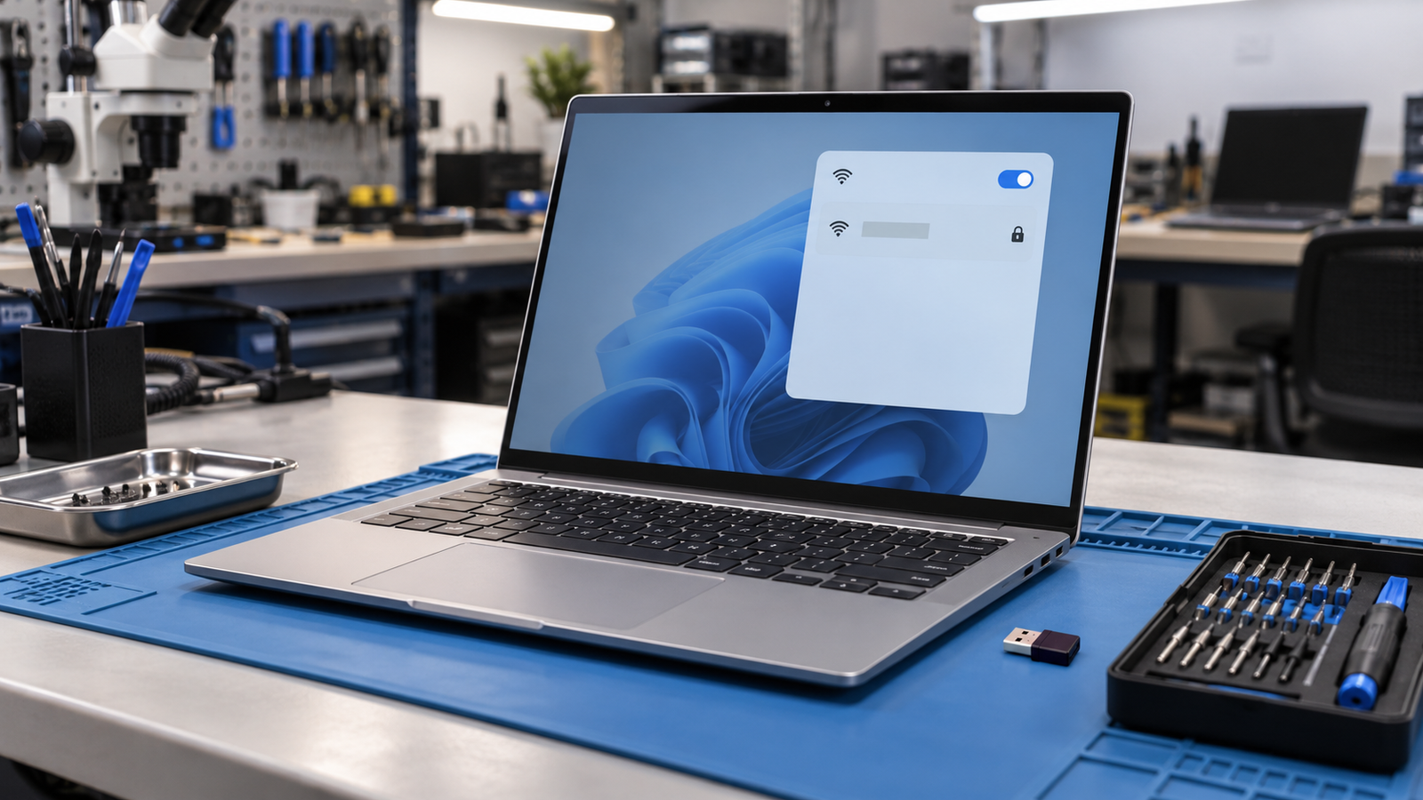 Laptop on a repair bench showing a WiFi list with only one network and a USB WiFi adapter beside it